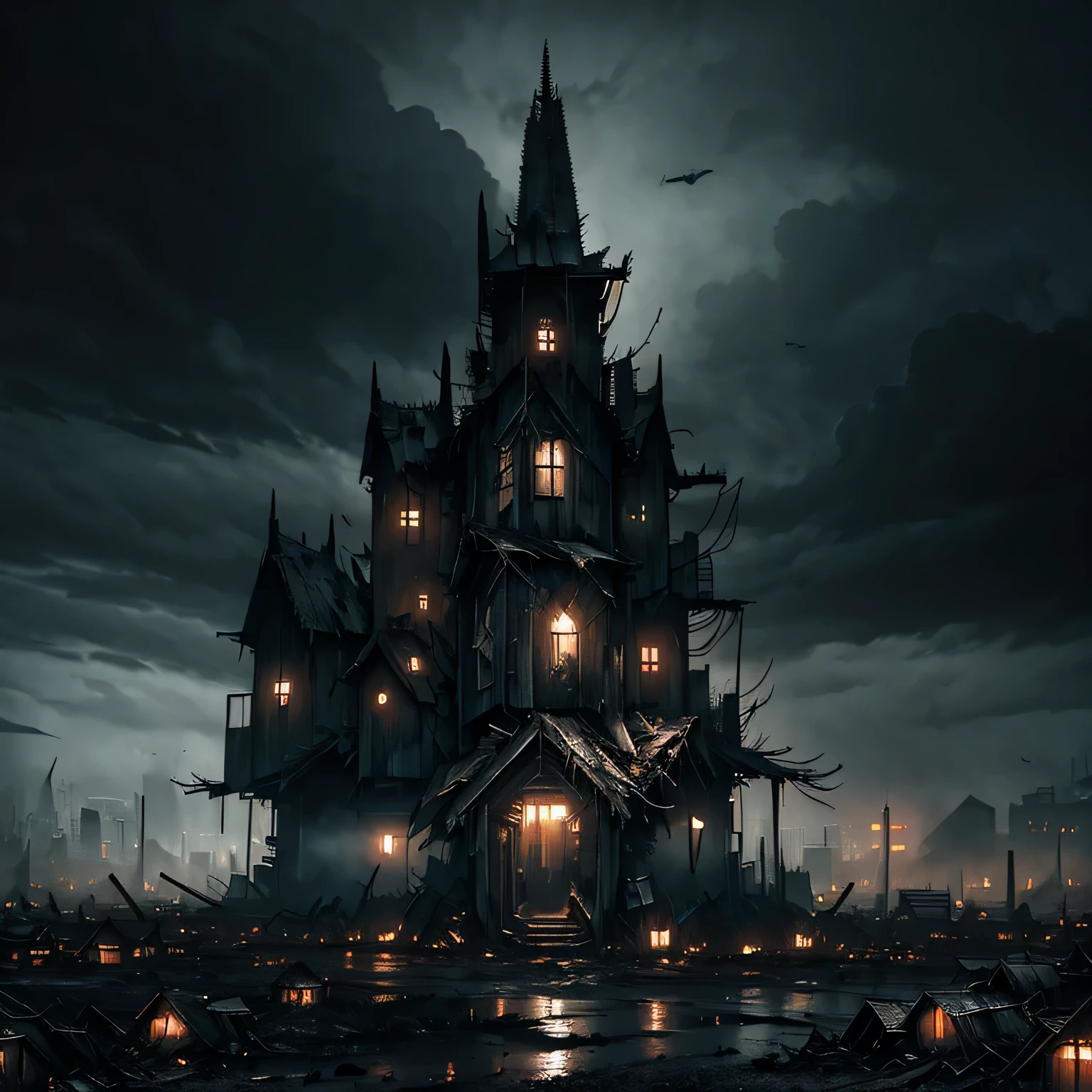 (((Dystopian world))), ((gloomy dark fantasy atmosphere)), Gloomy sky, dark night, Black Sky, starless sky, dilapidated huts, ebony, dark sky, Loneliness, ((cold lighting)), horror atmosphere, extremely detailed, highly detailed art, (very detailed background), Masterpiece
