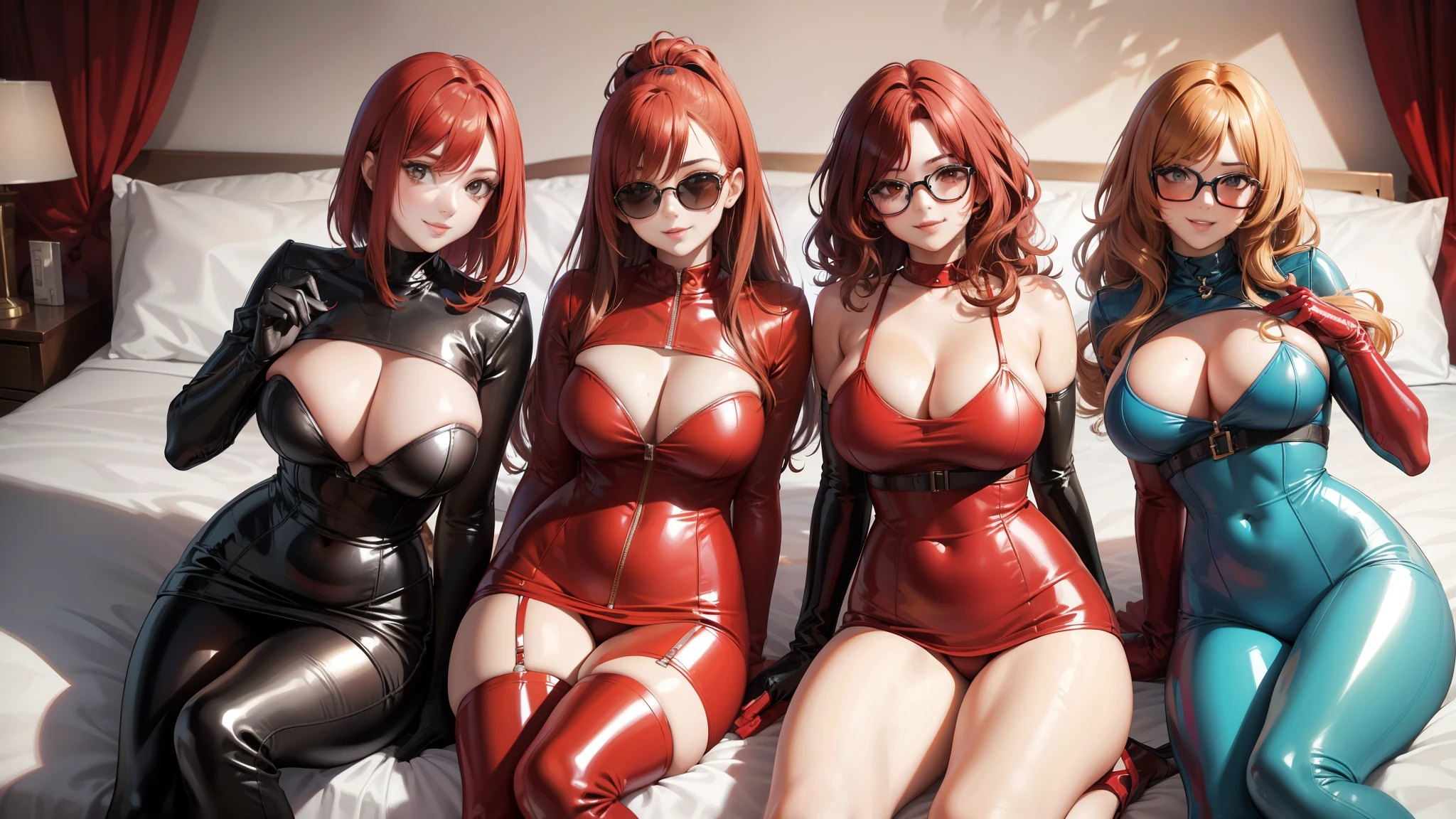 three sexy women looking at camera, flirtatious smiles, on bed, red and auburn curly hair, sunglasses, latex outfits, portrait