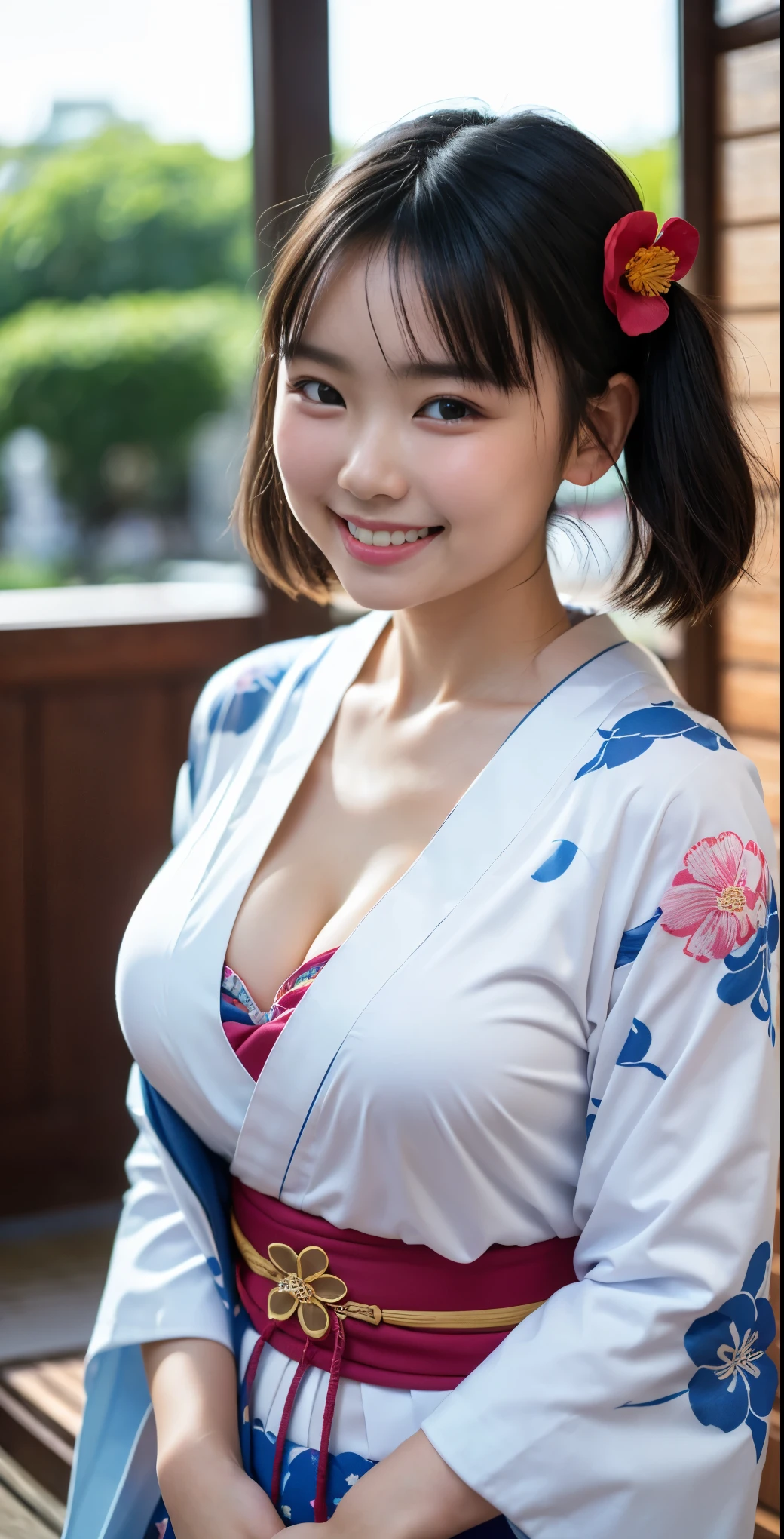 （8k、Raw photography、highest quality、masterpiece：1.2),(black haired、very short hair:1.8),(short twin tails:1.4)、show viewer,Looking at the front,erotic,white skin,(Wearing a kimono with a colorful floral pattern:1.7)、()、(Clothing that emphasizes the shape of your chest、publish one&#39;Skin:1.8)、(big breasts :1.4)、slim body shape、ultra high resolution,beautiful,beautiful fece,(alone, no background:1.9),whole bodyボディー,japanese woman,（Photoreal：1.37）、photon mapping,reality、(-face cute: 1.2)、(cute smile: 1.7)、(With a round face: 1.8)、radio city、Physically based rendering、depth of field rally background、photograph, (I can see your knees,close up of thighs:1.4),whole body、super fine