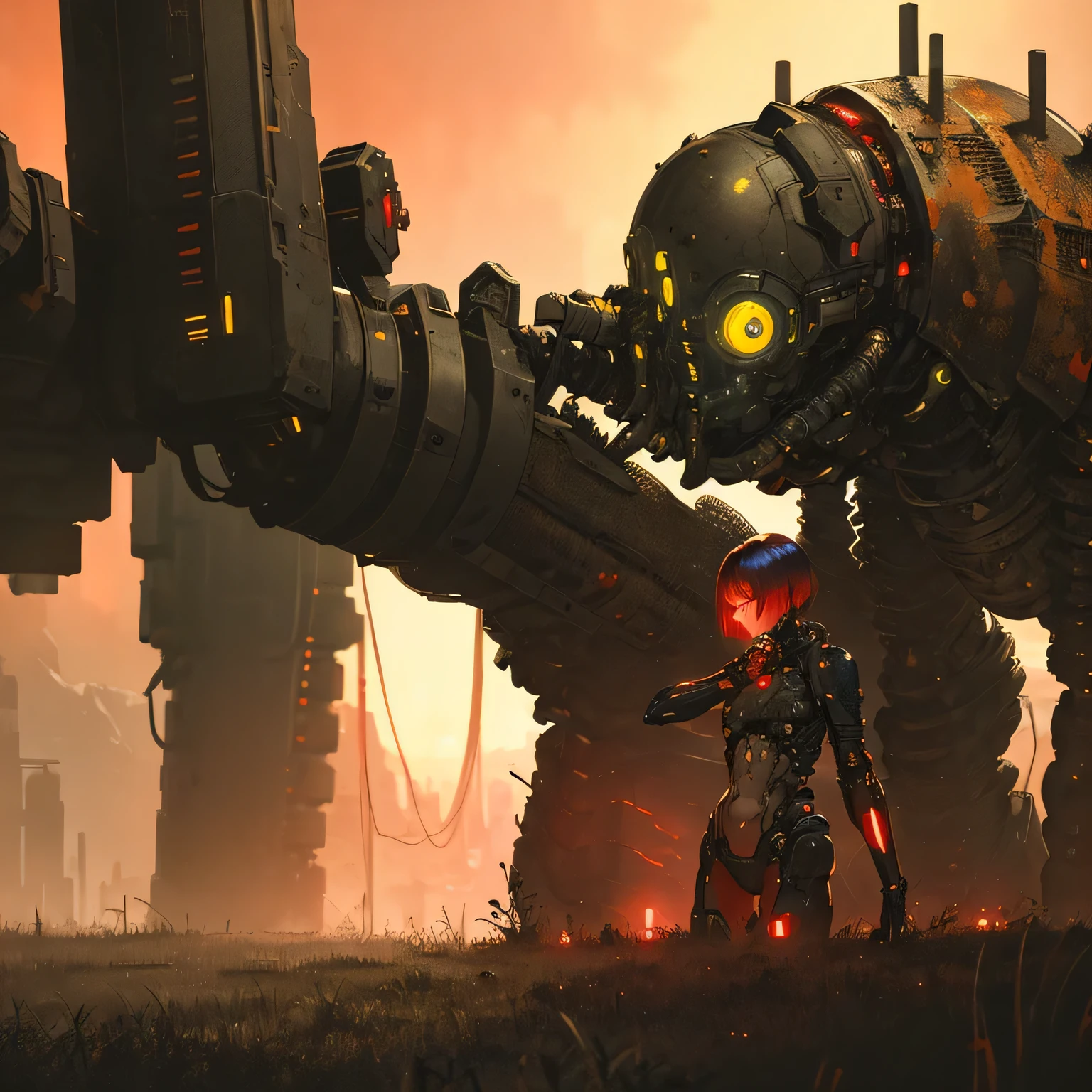 (((The Art of Biopunk))), ((dark biopunk atmosphere)), beautiful girl in biopunk style, Sharp shoulder pads, steel clothing, Short clothes, open belly, short pale green grass, High Mountains, dark sky, Gloomy sky, ((warm red-yellow lighting)), horror atmosphere, extremely detailed, highly detailed art, (very detailed background), Masterpiece