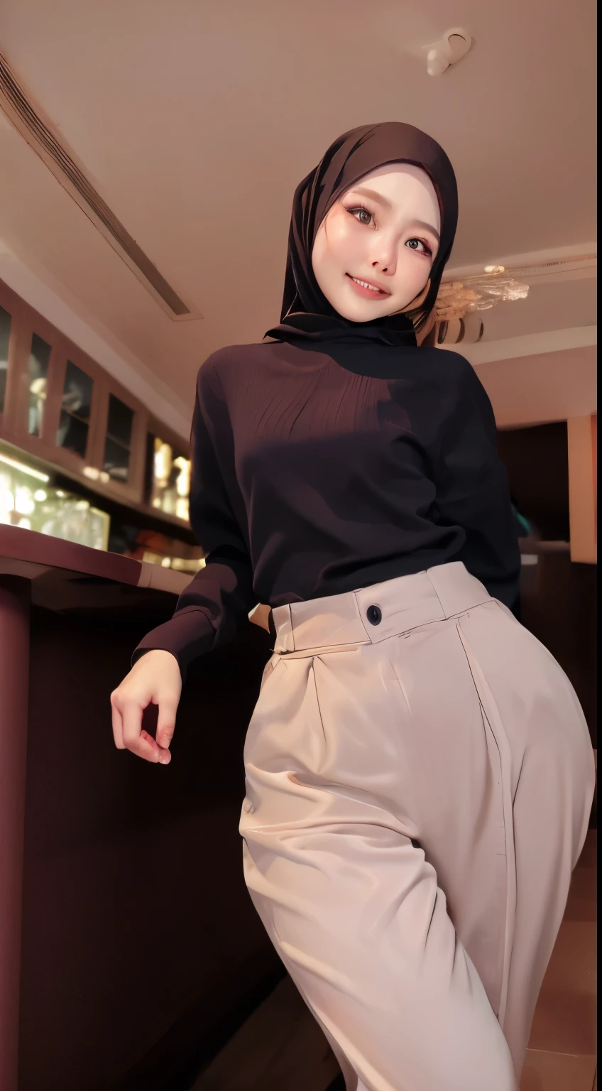 Indonesian girl in hijab wear big oversized loose hoodie and high waist pants, seating, wear back pack, front view, detail skin, detail skin texture, mole below eyes, small breast, big hip, big waist, big thigh, slim abs, beautiful body, evening, laughing, happy, bright lighting, blur background, bokeh,
