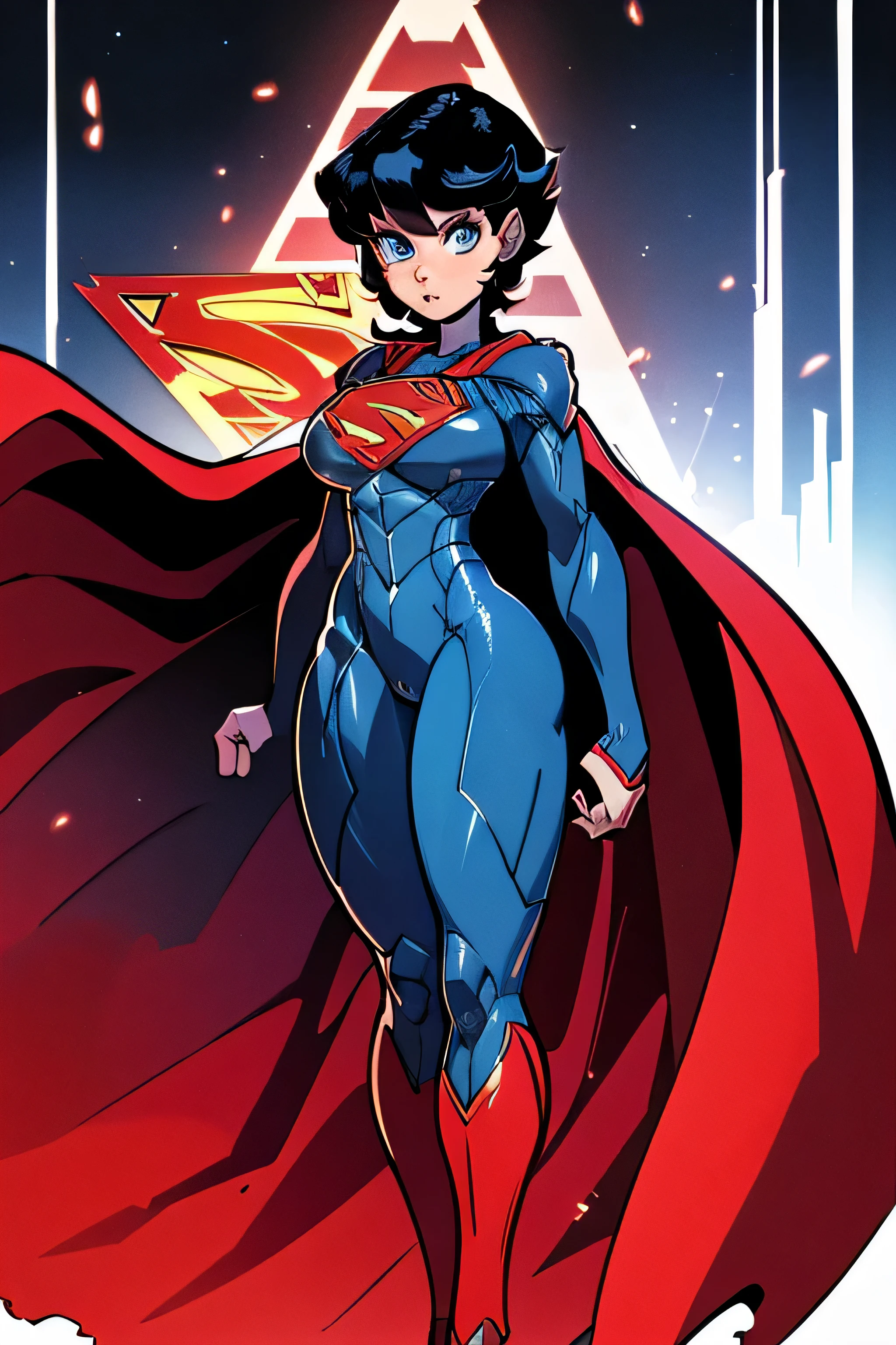 solo, short hair, 1girl, Black Hair, Blue Eyes, medium breast, full body, Blue bodysuit, red cape, and superhero