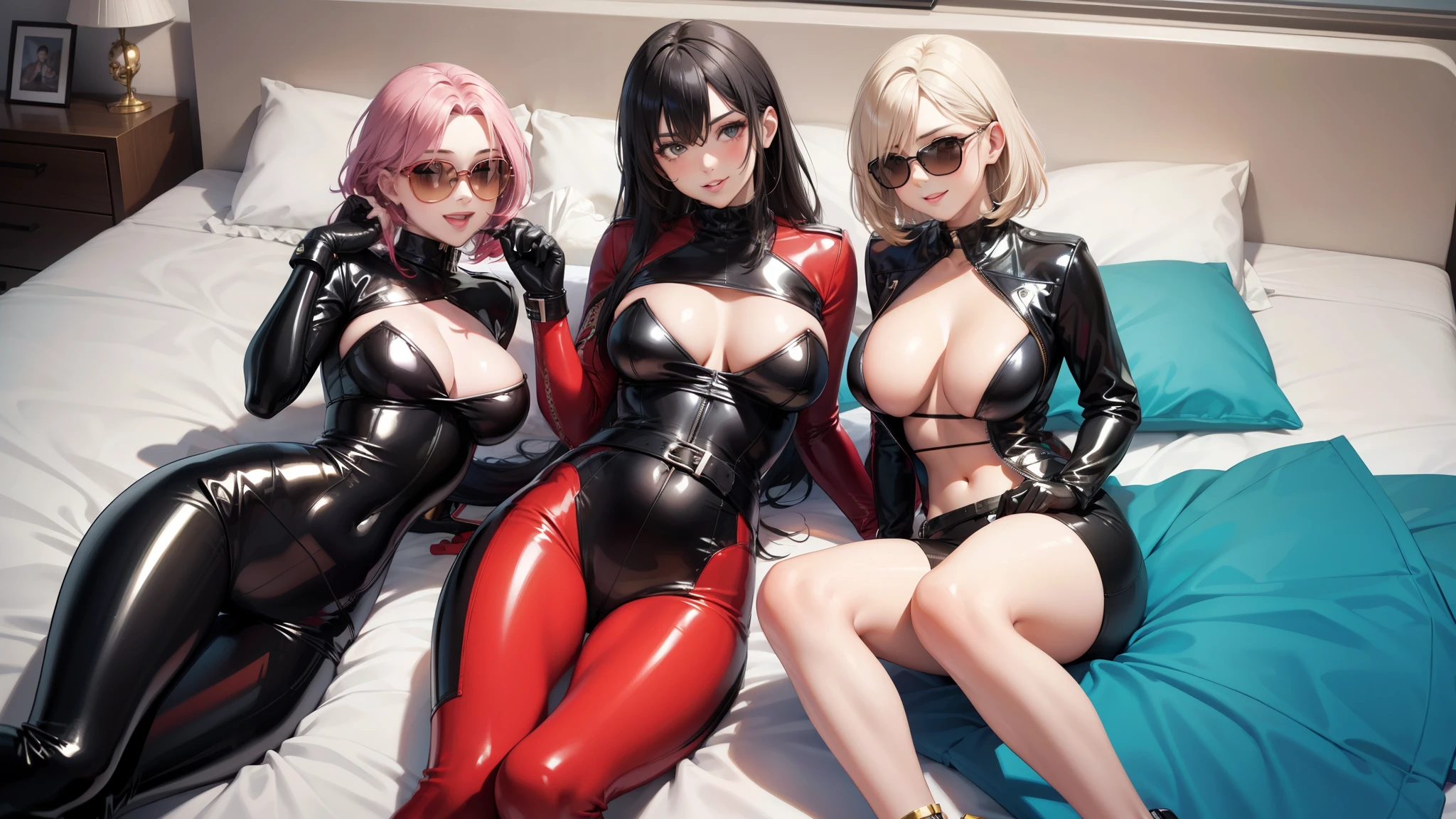 three sexy women looking at camera, flirtatious smiles, on bed, sunglasses, latex outfits, portrait
