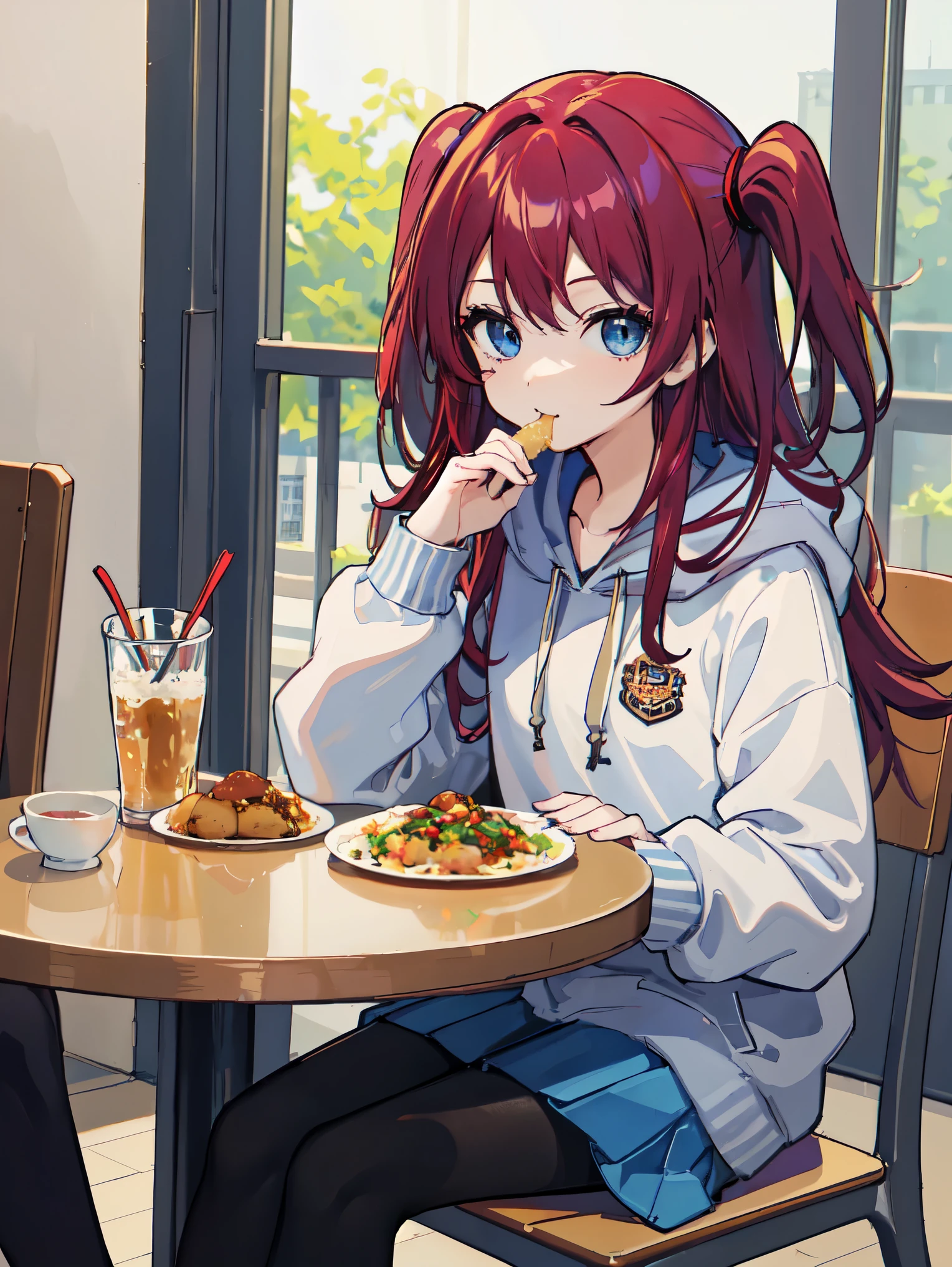 ((masterpiece、high quality、be familiar with、High quality、detailed))、pretty girl、((long hair of bright maroon color,、two side up hair、blue eyes))、((blue long hoodie、black pantyhose、loafers))、university student、(short、narrow shoulders)、happy look、I'm glad it's delicious、Eating curry rice、holding a spoon in one hand、his other hand is touching his cheek、sitting in a chair facing the table、lunch、eating school food、Inside the cafeteria、University campus、anime art