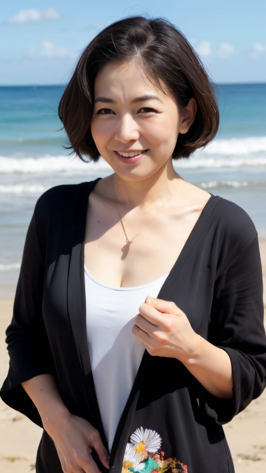 ((highest quality、8k、masterpiece:1.3))、sharp focus, High level image quality, High resolution, portrait, alone, Japanese, middle-aged women, beautiful woman, 50 years old, wavy hair, big t-shirt, beach, dark makeup, wrinkles around the eyes, bewitching look, Wet, barefoot、belly button、mouth is open、laughter、sandy beach、small breasts、Have fun、bob hair、necklace、wedding ring、leaning forward、close the chest、Datchno&#39;s pose