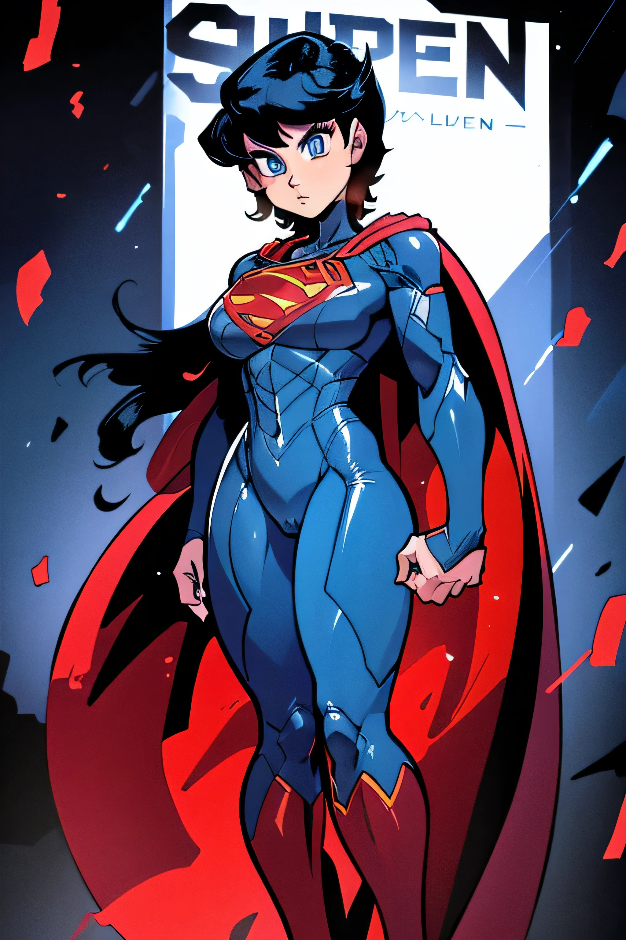 solo, short hair, 1girl, Black Hair, Blue Eyes, medium breast, full body, Blue bodysuit, red cape, and superhero