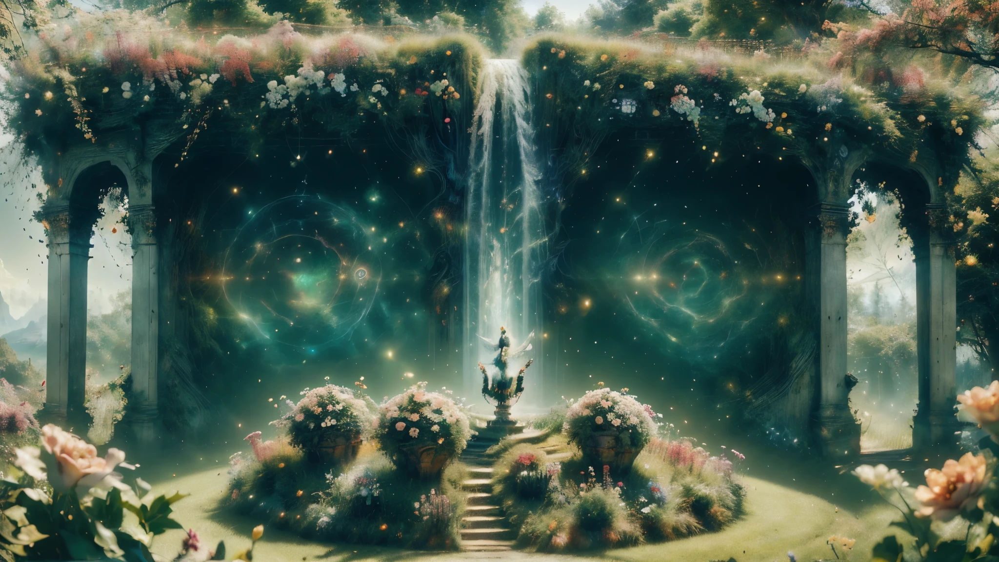 (best quality,8k,highres,masterpiece:1.2),panoramic view, lush greenery, vibrant flowers blooming, majestic trees towering, serene atmosphere, picturesque garden, enchanting scenery, paradise on Earth, magical environment, tranquil and peaceful, blissful haven, colorful and vibrant, mesmerizing beauty
