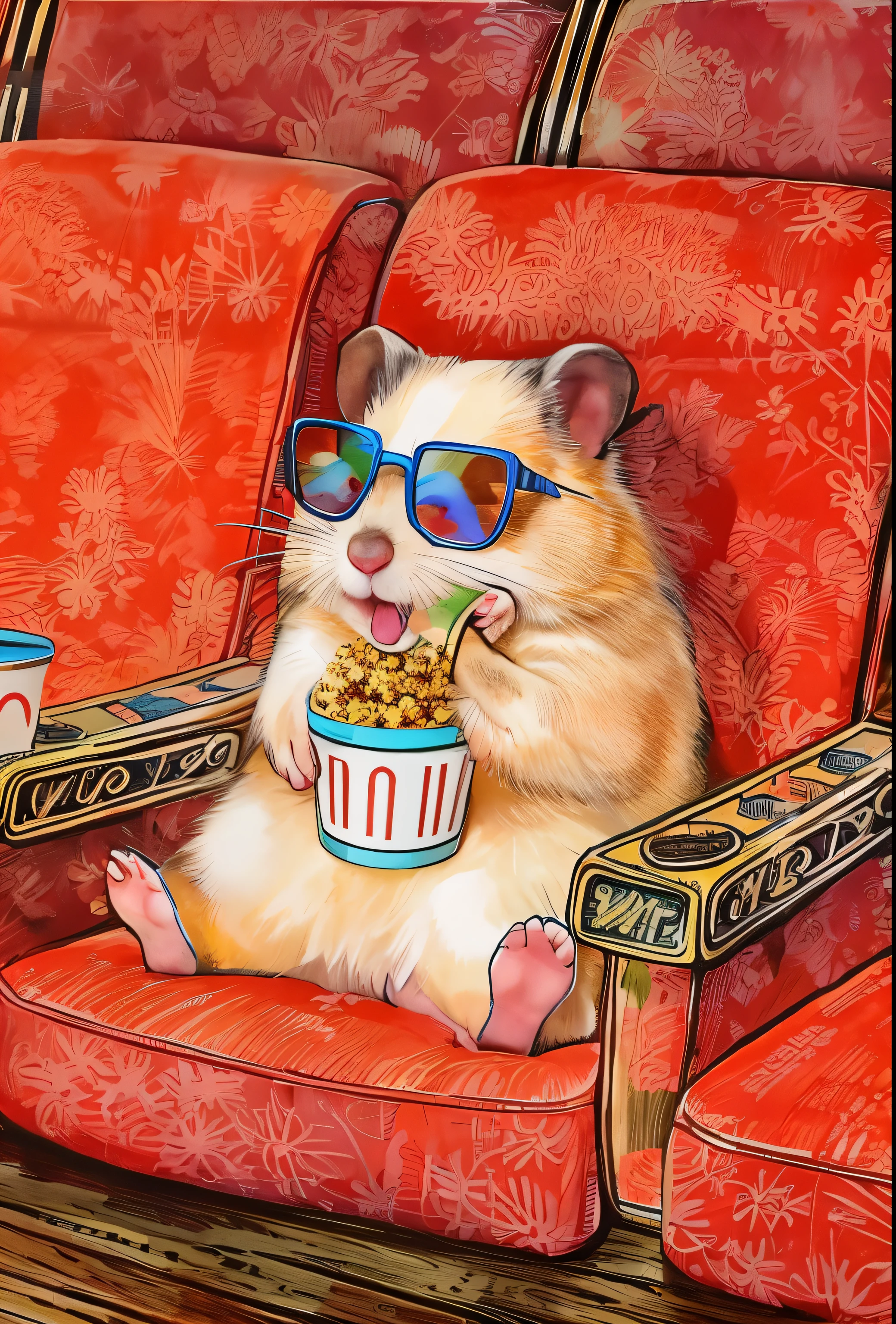 painting of a hamster eating popcorn in a movie theater, sitting in a movie theater, in a cinema, movie illustration, photo of a hamsters on a date, ferret in sunglasses, by Katerina Wilczynski, movie art, cute artwork, movie artwork, hedgehog with glasses, tardigrade wearing sunglasses, concept art for movies, hamster