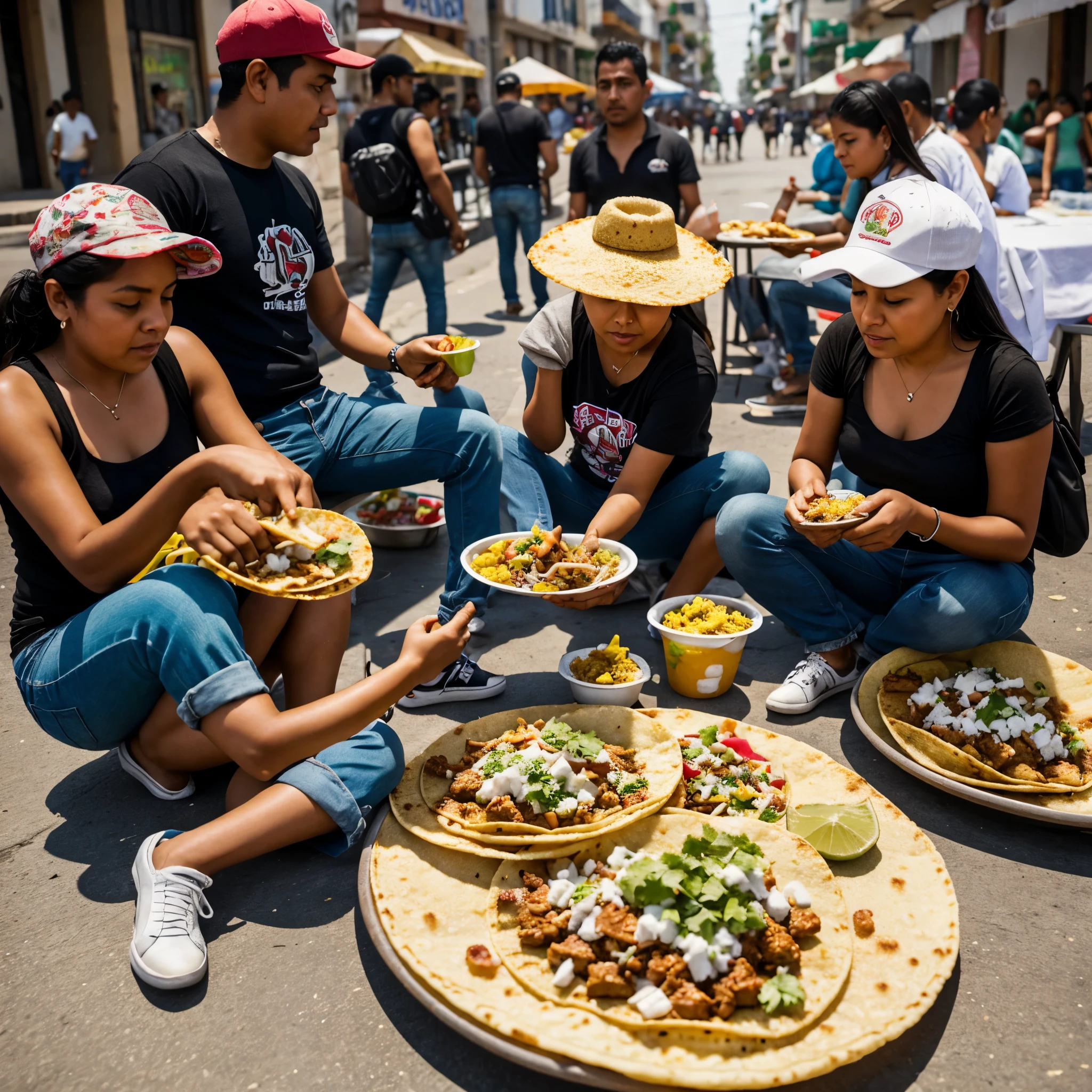 PEOPLE EATING MEXICANS TACOS IN THE STREETS