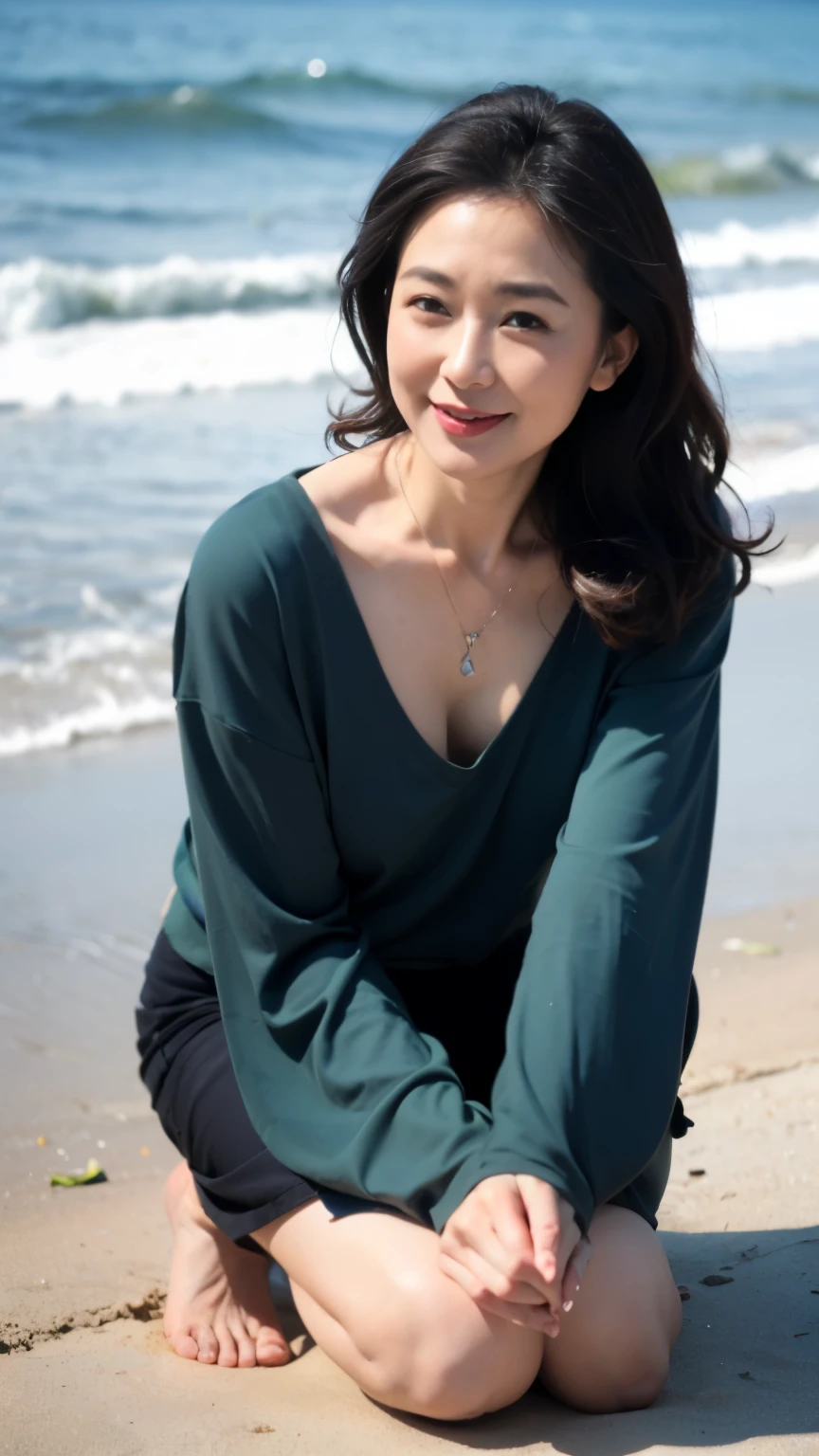((highest quality、8k、masterpiece:1.3))、sharp focus, High level image quality, High resolution, portrait, alone, Japanese, middle-aged women, beautiful woman, 50 years old, wavy hair, big t-shirt, beach, dark makeup, wrinkles around the eyes, bewitching look, Wet, barefoot、belly button、mouth is open、laughter、sandy beach、small breasts、Have fun、bob hair、necklace、wedding ring、leaning forward、close the chest、Datchno's pose