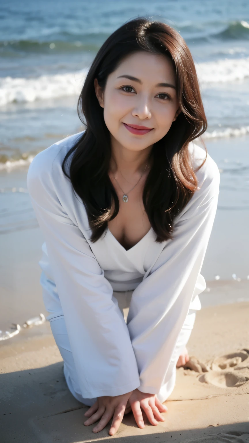 ((highest quality、8k、masterpiece:1.3))、sharp focus, High level image quality, High resolution, portrait, alone, Japanese, middle-aged women, beautiful woman, 50 years old, wavy hair, big t-shirt, beach, dark makeup, wrinkles around the eyes, bewitching look, Wet, barefoot、belly button、mouth is open、laughter、sandy beach、small breasts、Have fun、bob hair、necklace、wedding ring、leaning forward、close the chest、Datchno's pose