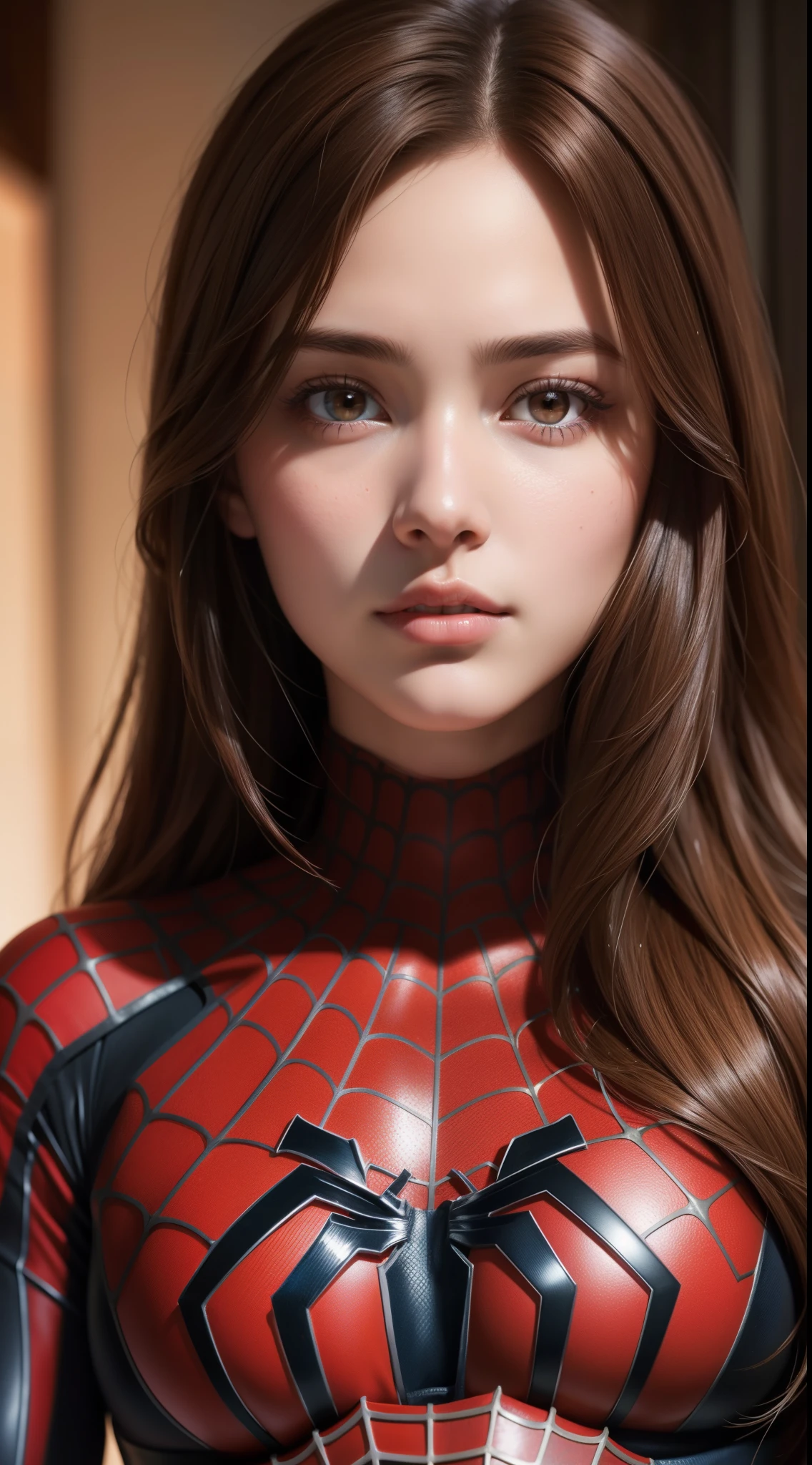 highest quality, masterpiece, (realistic:1.2), 1 girl, brown hair, brown eyes,front, detailed face, beautiful eyes, spiderman suit