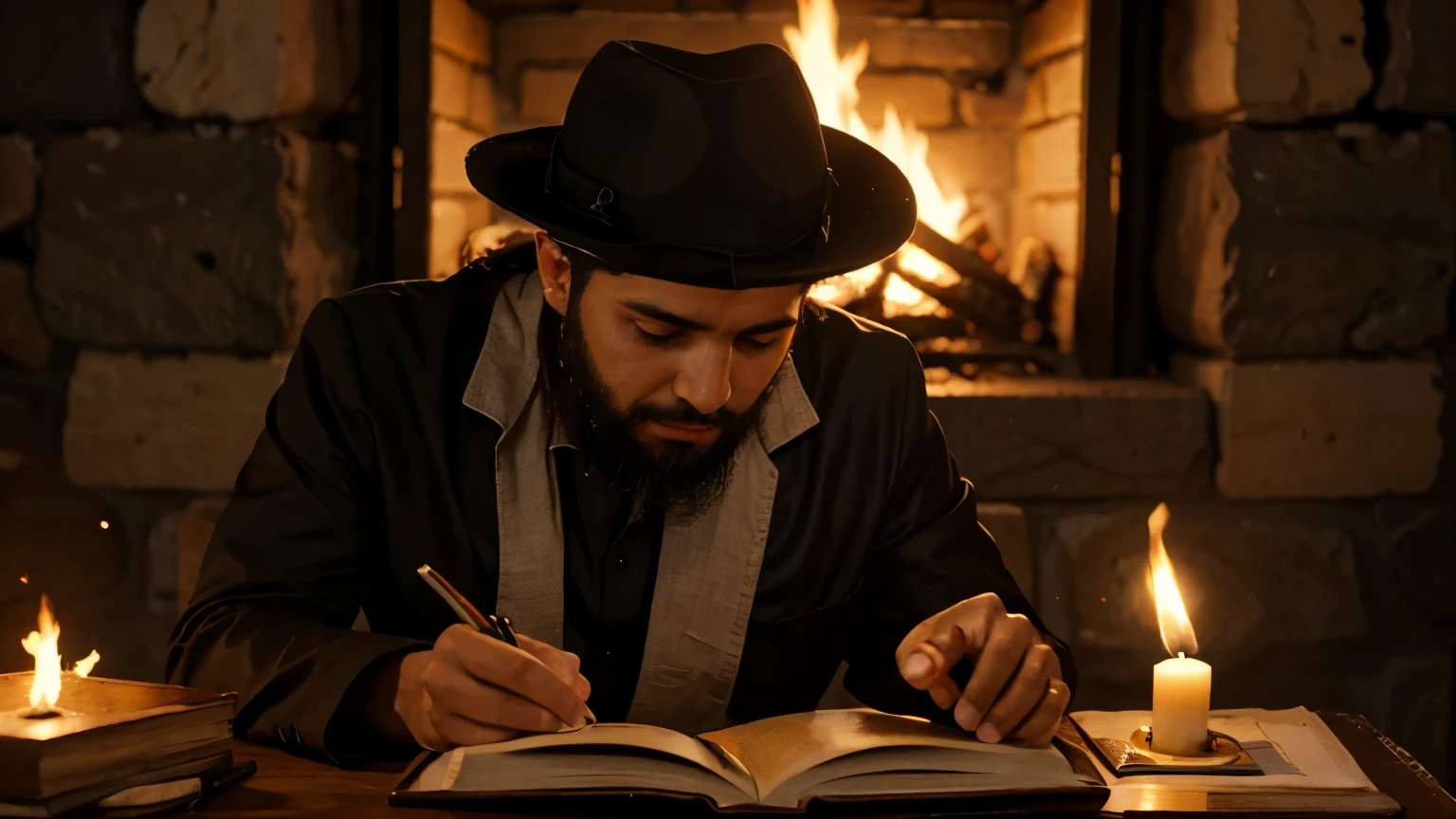 Moises segurando a torah e lendo para os Israelitas. Fogo queimando livros.