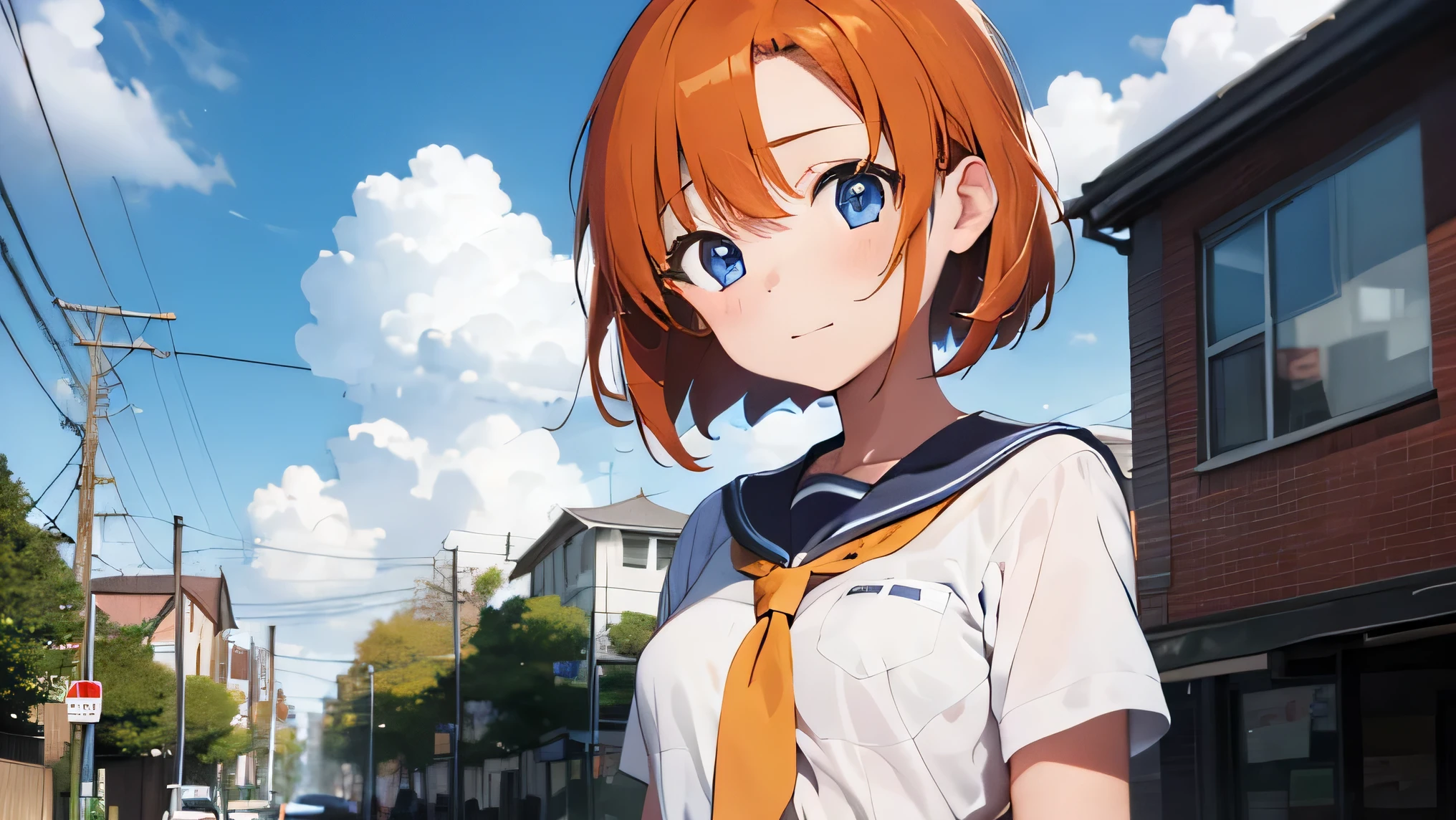 1 girl, Rûuguu horseradish, orange medium hair, Blue eyes, Seraphuku, Yellow tie, Sad