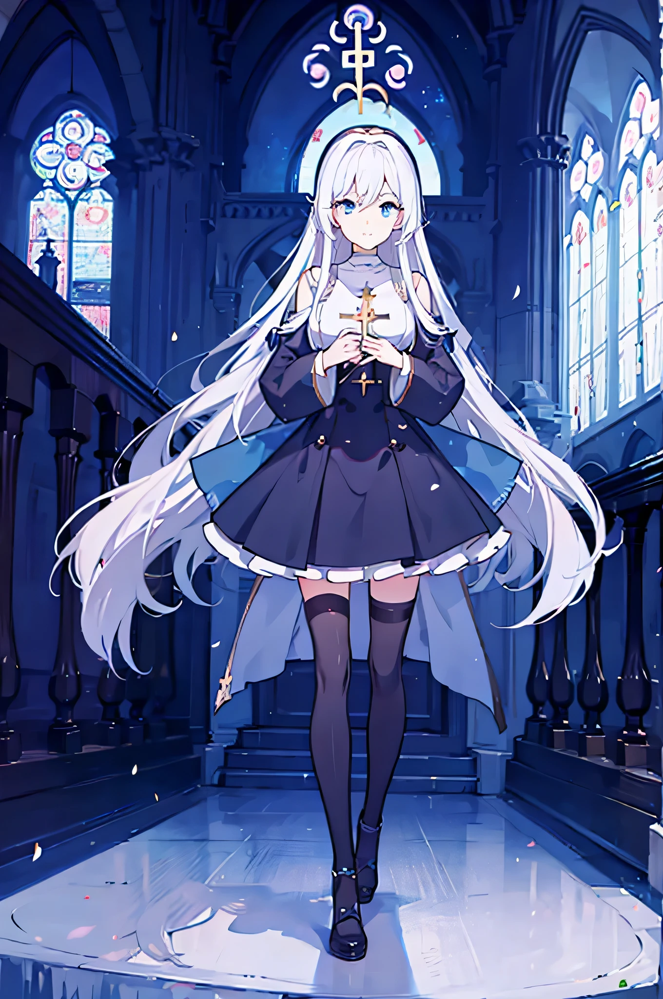 1girl, white hair, solo focus, clearly, blue eyes, very long hair, stole, priest, Bishojo, church