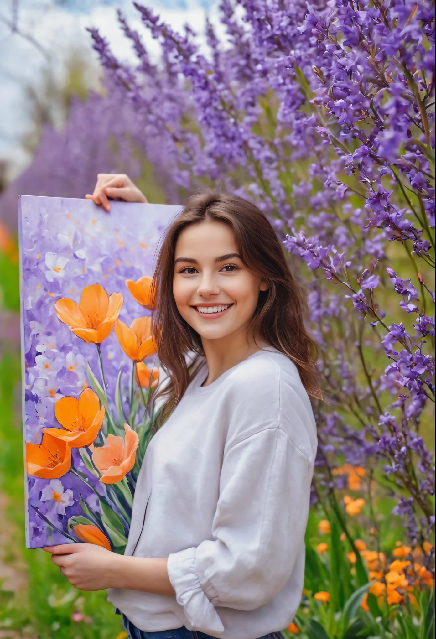 Real photo, natural , A brunette girl smiling, natural appearance, outside spring flowers and she is holding a painting on canvas. The background is purple-orange