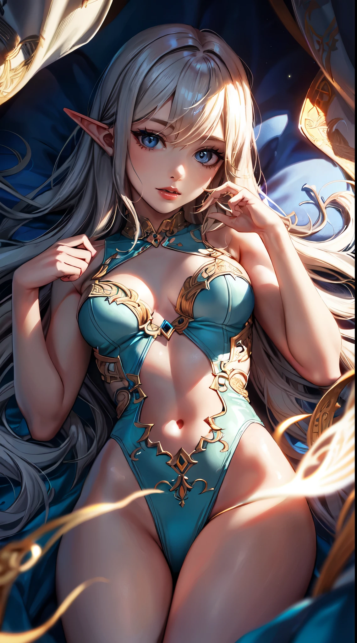 elf woman, detailed eyes, half-naked naked,lying on bed, detailed face, ethereal lighting, delicate skin, flowing hair, mystical atmosphere, vibrant colors, fantasy artwork, magical aura, enchanting beauty, natural elements. (best quality, ultra-detailed, photorealistic:1.37), vivid colors, enchanting lighting, soft shadows, ethereal glow, intricate details, mesmerizing expression, alluring pose.