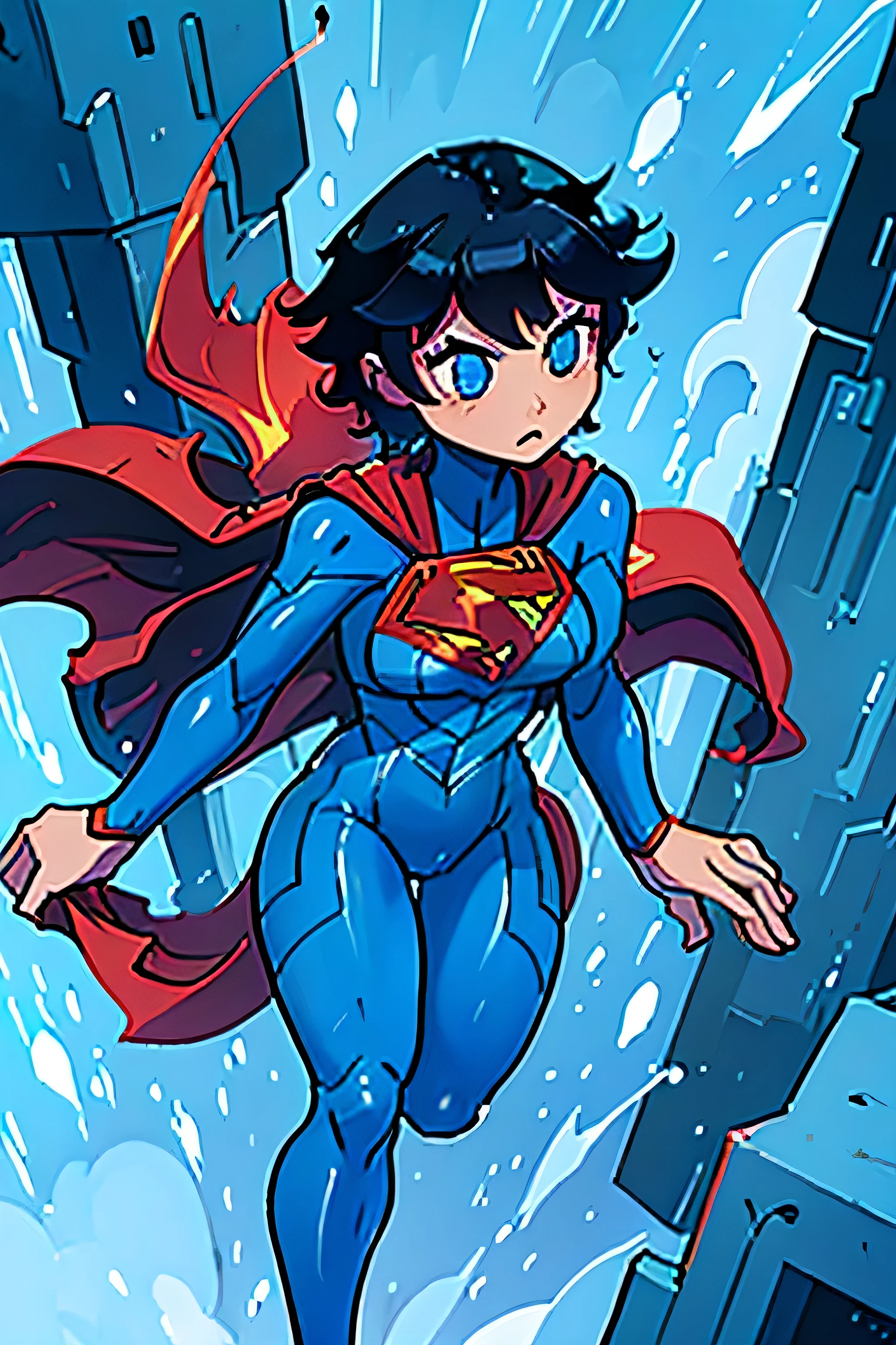 solo, short hair, 1girl, Black Hair, Blue Eyes, medium breast, full body, Blue bodysuit, red cape, and superhero