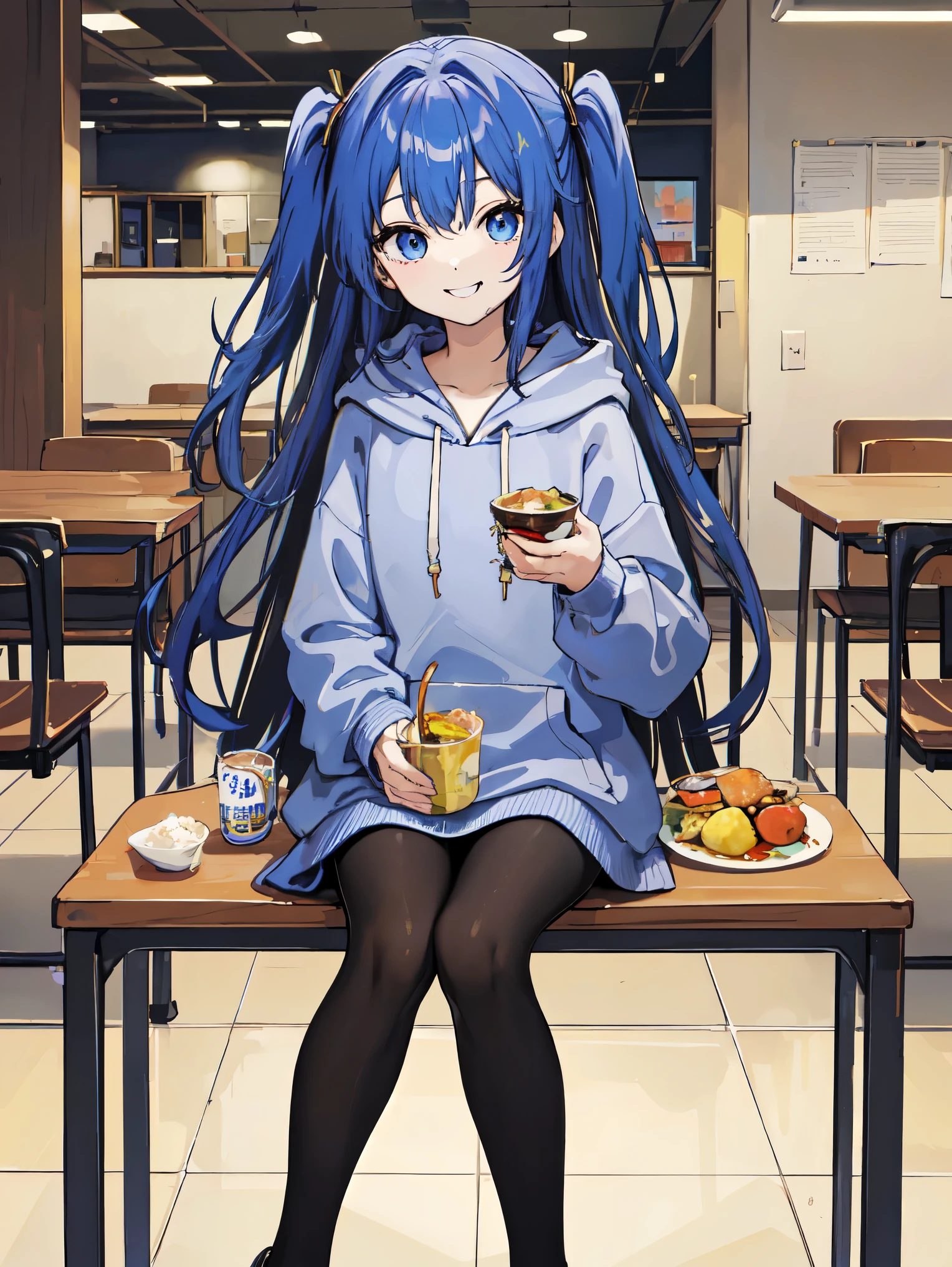 ((masterpiece、high quality、be familiar with、High quality、detailed))、pretty girl、((long chestnut hair、two side up hair、blue eyes))、((blue long hoodie、black pantyhose、loafers))、university student、(short、narrow shoulders)、happy look、smiling、delicious and happy feelings、Eating curry rice、holding a spoon in one hand、his other hand is touching his cheek、sitting in a chair facing the table、lunch、eating school food、Inside the cafeteria、University campus、anime art