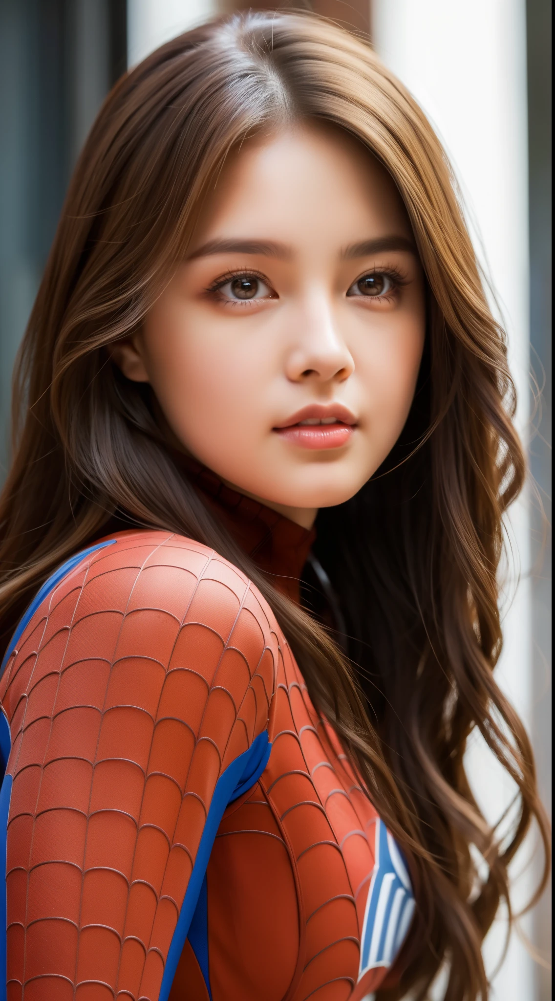 highest quality, masterpiece, (realistic:1.2), 1 girl, brown hair, brown eyes,front, detailed face, beautiful eyes, spiderman suit