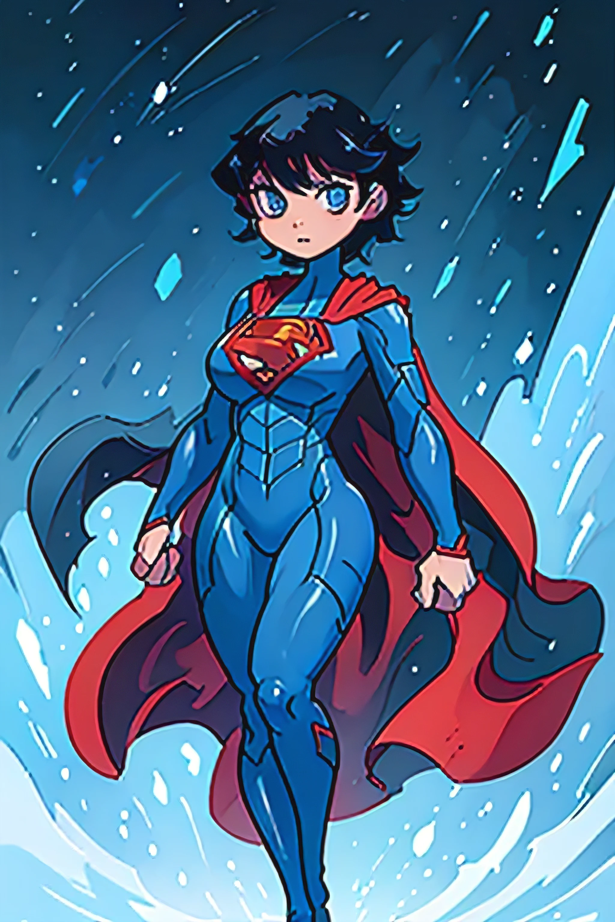 solo, short hair, 1girl, Black Hair, Blue Eyes, medium breast, full body, Blue bodysuit, red cape, and superhero