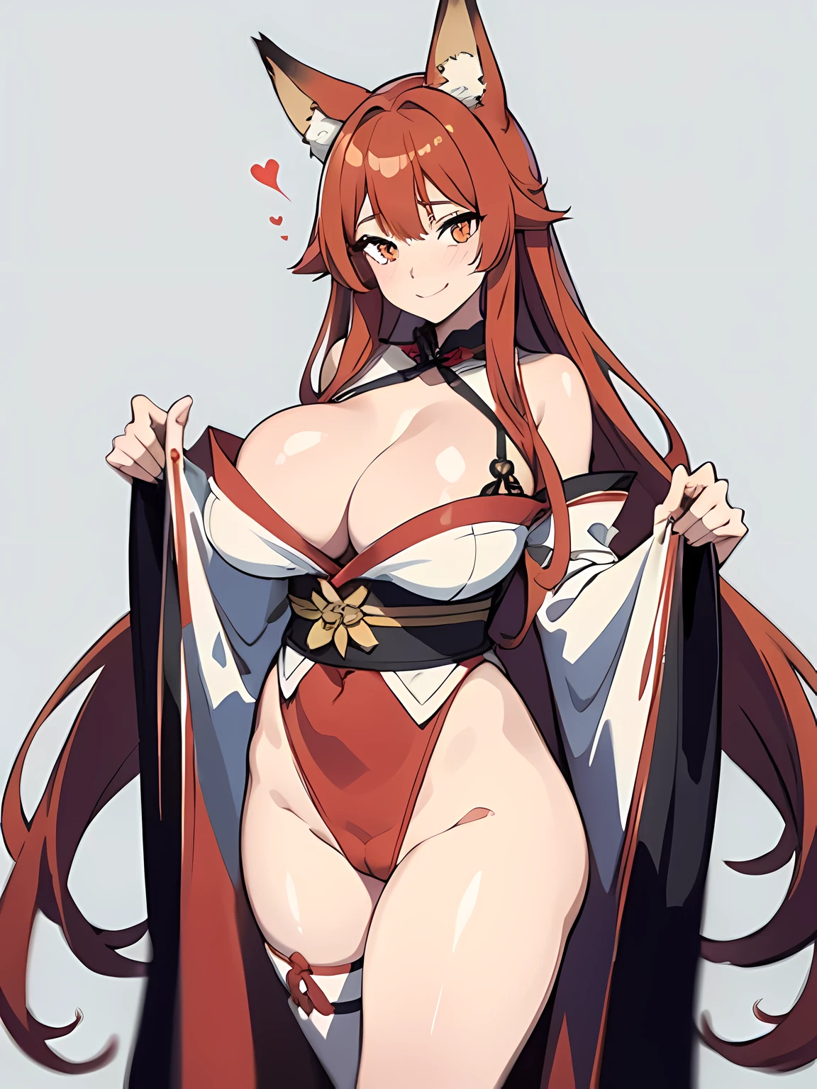 1 girl, long ginger hair, fox ears, only fox ears, crimson eyes, extremly detailed, blushing, huge breasts, sexy and seductive, wearing red and white erotic kimono, tall women, long flufy nine fox tails, thicc thighs, wide hips, smile, horny, absurdes, high res, ultra sharp, 8k, masterpiece, looking at viewer