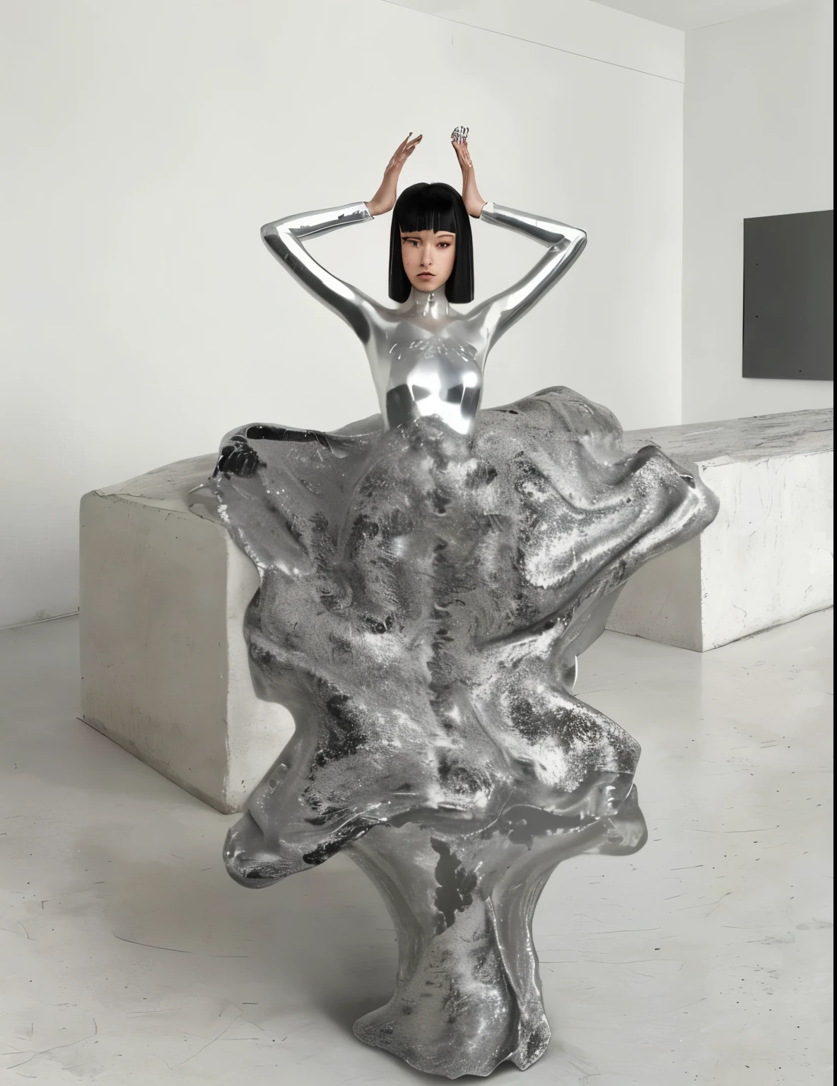 mulher arafa em uma roupa prateada brilhante sentada em uma escultura prateada, iris van herpen rankin, made of liquid metal and marble, arte de rei kawakubo, inspired by Fei Danxu, coberto com uma armadura prateada completa, cosmic bjork, Metal sculpture, eiko ishioka, latido, iris van herpen, Bella Poarca, traje espacial prateado