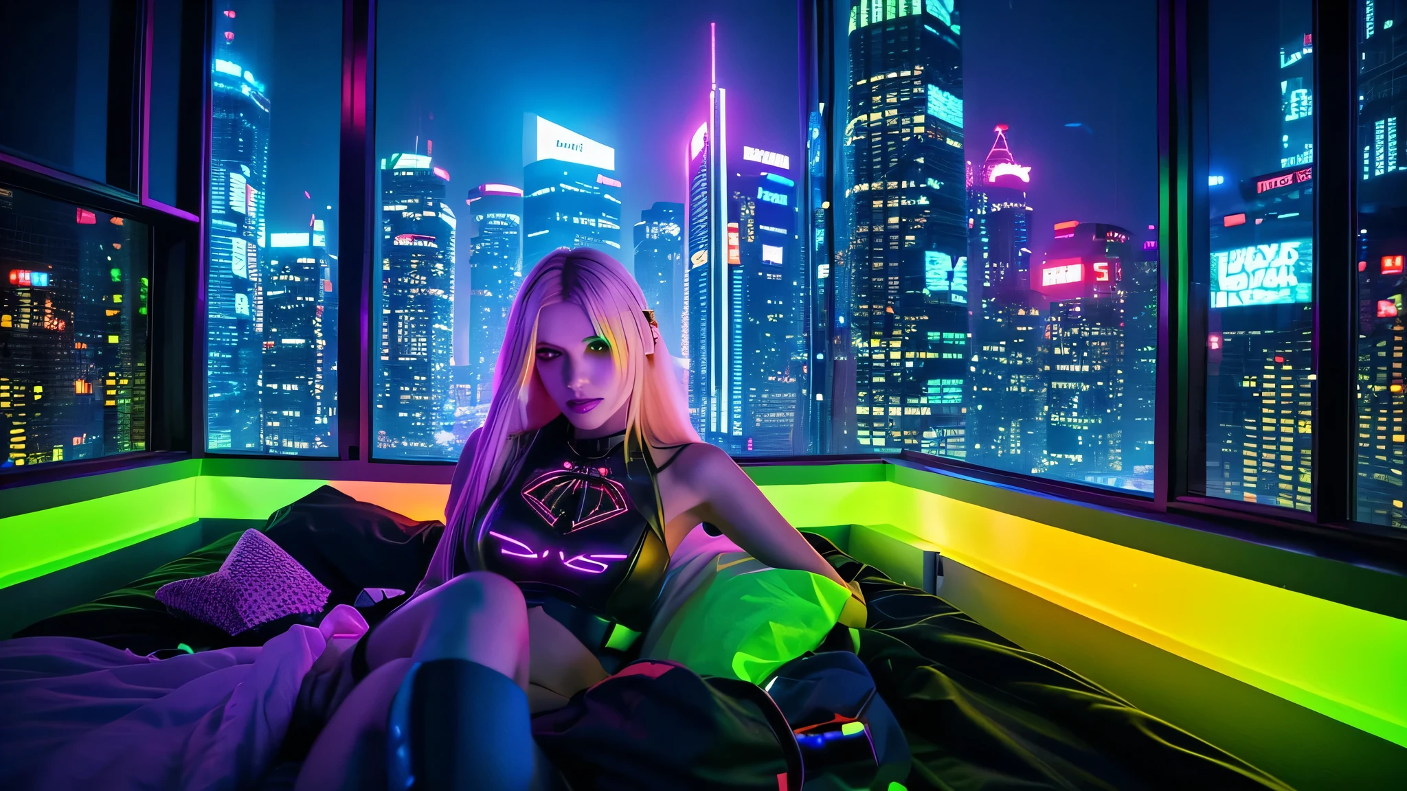 Junge Frau, Neon dreams, futuristisches Bett, Neonlichter, vibrant cyberpunk outfit, Fortgeschrittene Technologie, Urbane Oase, cyberpunk cytyscape, Schwebendes Bett, Metropole, Melodien in Mitternacht, headphones, Wolkenkratzer, Entspannen Sie sich im Bett, digitaler Himmel, blondes Haar, lange Haare, bilden, Leuchtendes Licht, Reflexionslicht, atmospheric perspective, UHD, Meisterwerk, good quality
