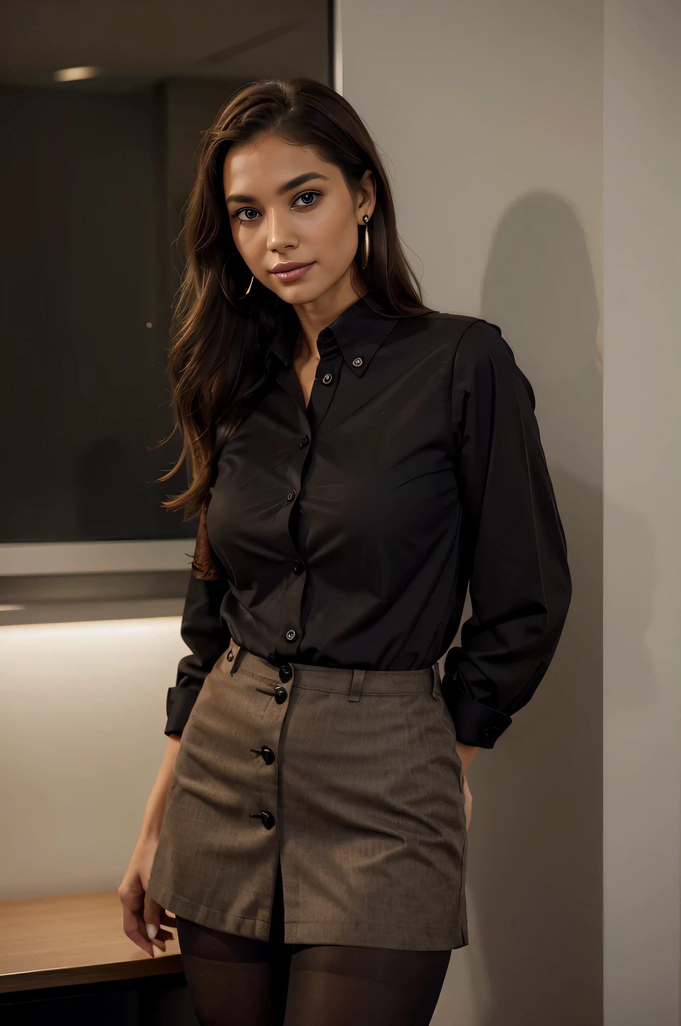 Filmfotografie, 1girl, Bürodame, Black office jacket, Bürorock, (Strumpfhose:1.2), (Kurzes Button-Down-Hemd:1.2), Button-Down-Kragen, Collar with buttons, Gut, (Strumpfhose:1.2), Alpha-Schichten, High Heels, beautiful earrings, Cleavage, seductive smile, mittlere Brust, Full body, blush drunk:1.5, Schwarz, wellig, Schulterlanges Haar, Serene, ruhig, (Realistisch, detaillierte Augen, natural skin textures, Realistisch facial details), sanft, dramatische Beleuchtung, depth of field, bokeh, lebendige Details, fein detailliert, A hyperRealistisch