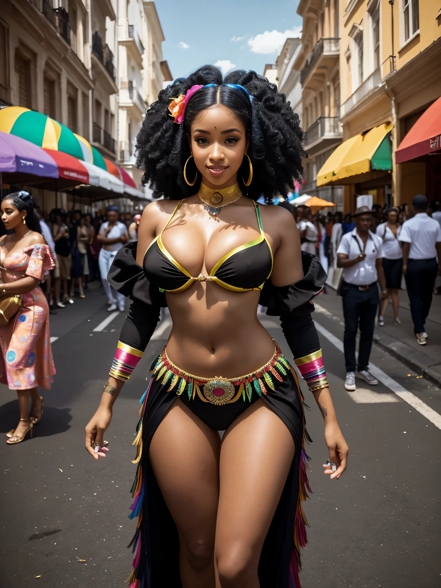 Foto hiperrealista en primer plano de Cardi B, masterpiece, best quality, (photorealistic:1.4), full body, (extravagant colorful traditional Carnival costume:1.1), long sophisticated loose black curls, professionally posing in the streets among the crowd by day, neons, cinematic light, beautiful woman, skinny, large breasts, perfect body and shape, detailed face, smiling face, looking straight at the camera, photo taken from a distance