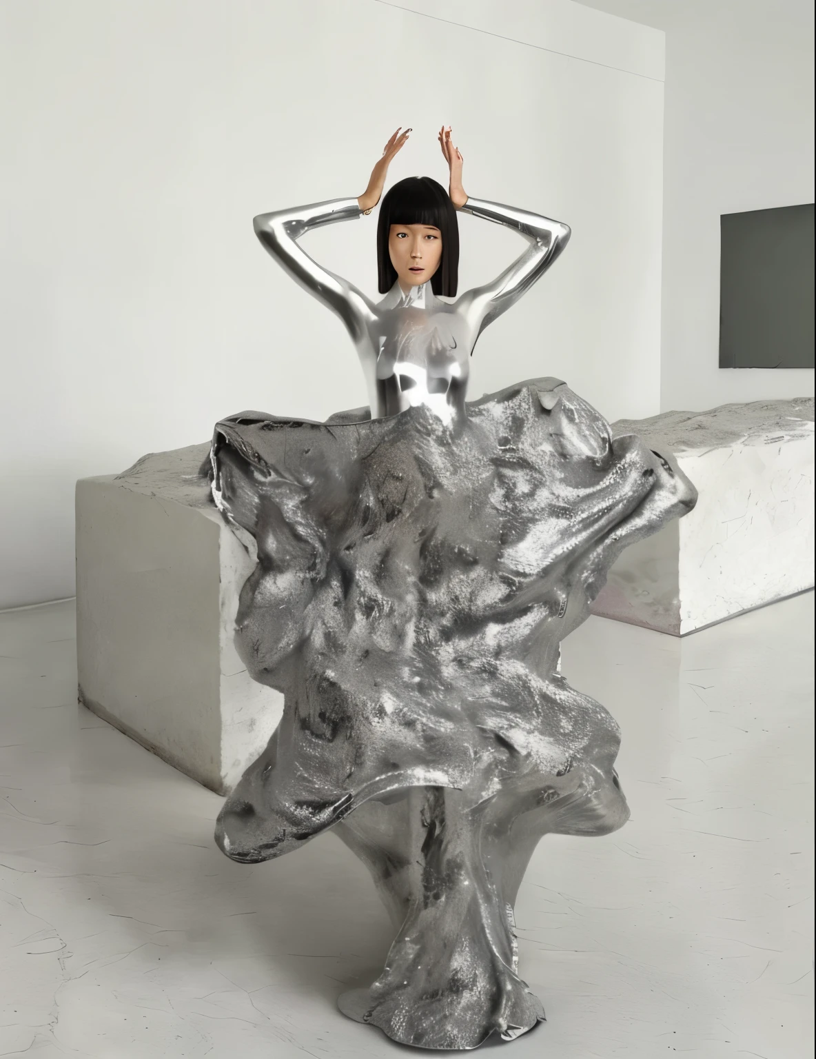 mulher arafa em uma roupa prateada brilhante sentada em uma escultura prateada, iris van herpen rankin, made of liquid metal and marble, arte de rei kawakubo, inspired by Fei Danxu, coberto com uma armadura prateada completa, cosmic bjork, Metal sculpture, eiko ishioka, latido, iris van herpen, Bella Poarca, traje espacial prateado