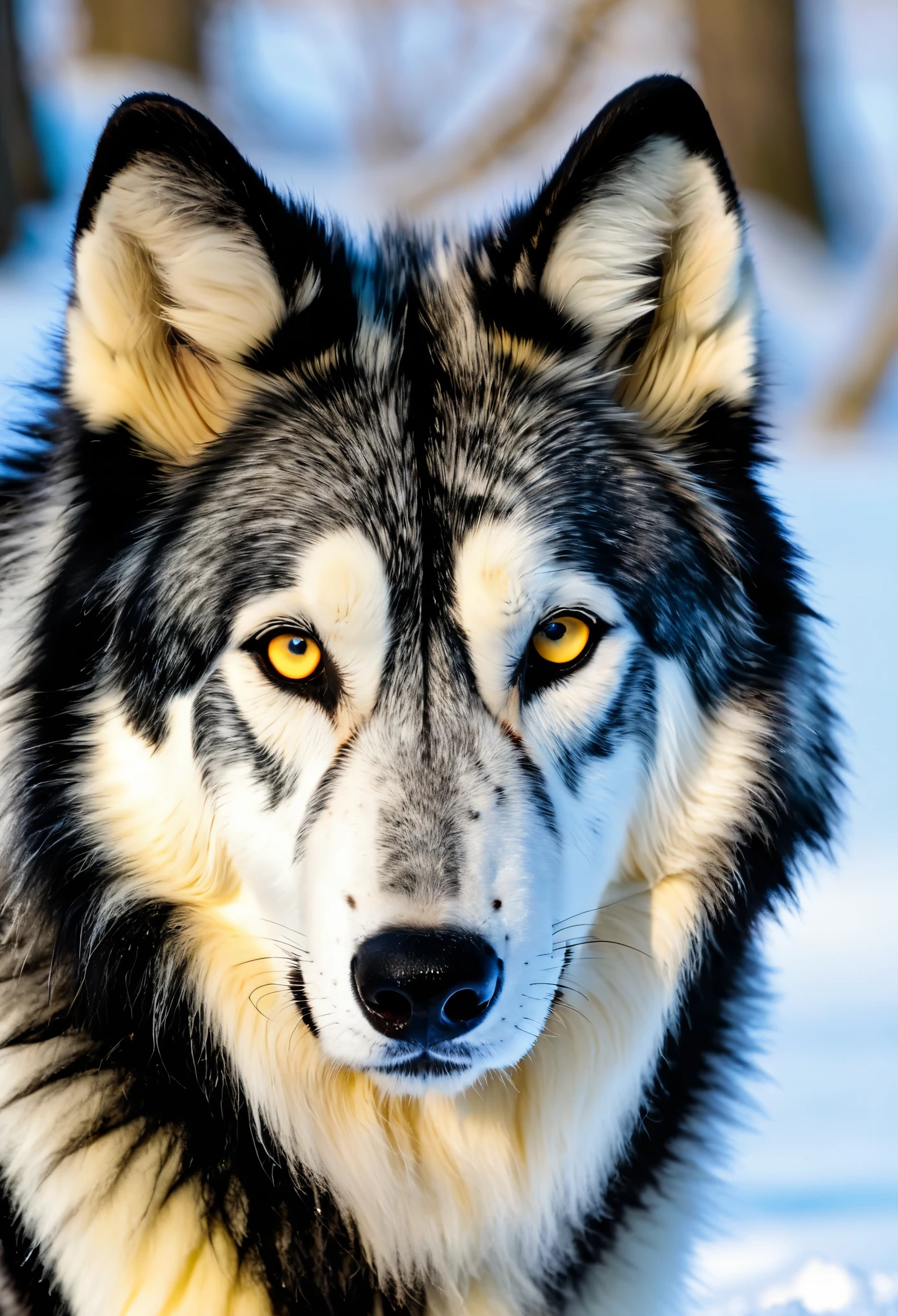 lobo preto olhos amarelos na neve gelo