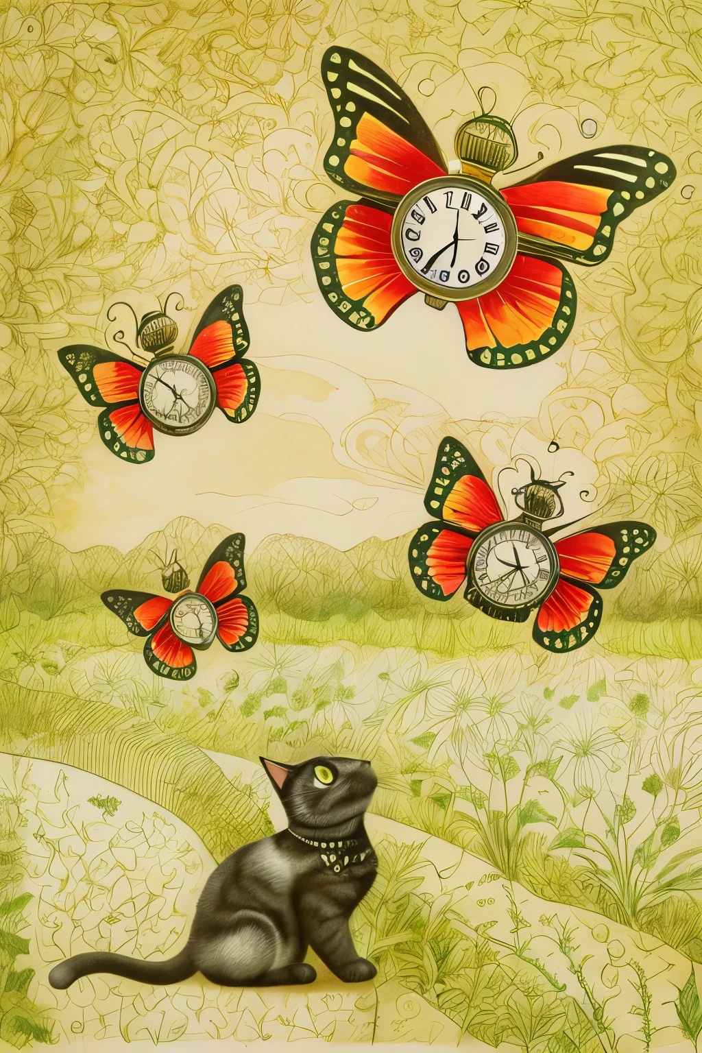 painting of a cat looking at a clock and butterflies, steampunk butterfly, flying through time, caught in the flow of time, by Kathleen Allen, inspired by Théophile Steinlen, inspired by Louis Wain, inspired by Isidore Bonheur, the passage of time, inspired by Esao Andrews, time is running out, metamorphosis, the passing of time