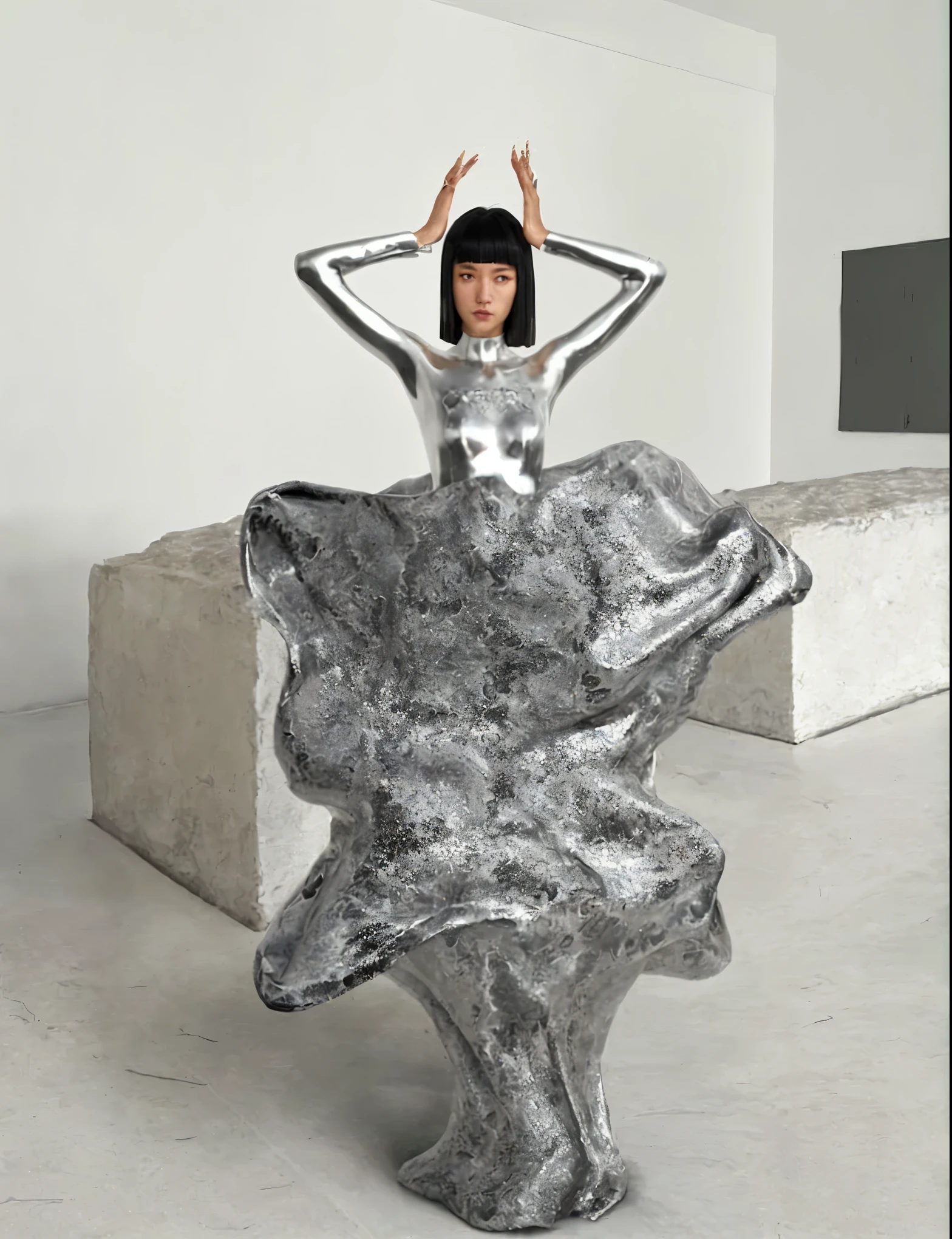 mulher arafa em uma roupa prateada brilhante sentada em uma escultura prateada, iris van herpen rankin, made of liquid metal and marble, arte de rei kawakubo, inspired by Fei Danxu, coberto com uma armadura prateada completa, cosmic bjork, Metal sculpture, eiko ishioka, latido, iris van herpen, Bella Poarca, traje espacial prateado