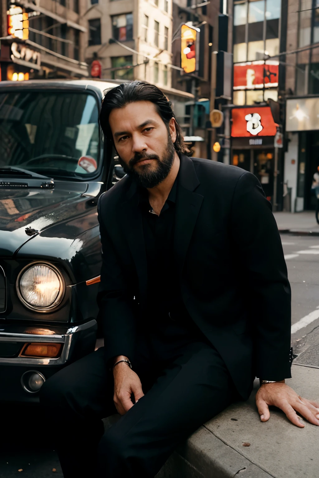 Realistic photo, Man. 57 years old, businessman, successful, black hair, beard, sitting, in black suit, leaning against a red car. New York City Fund