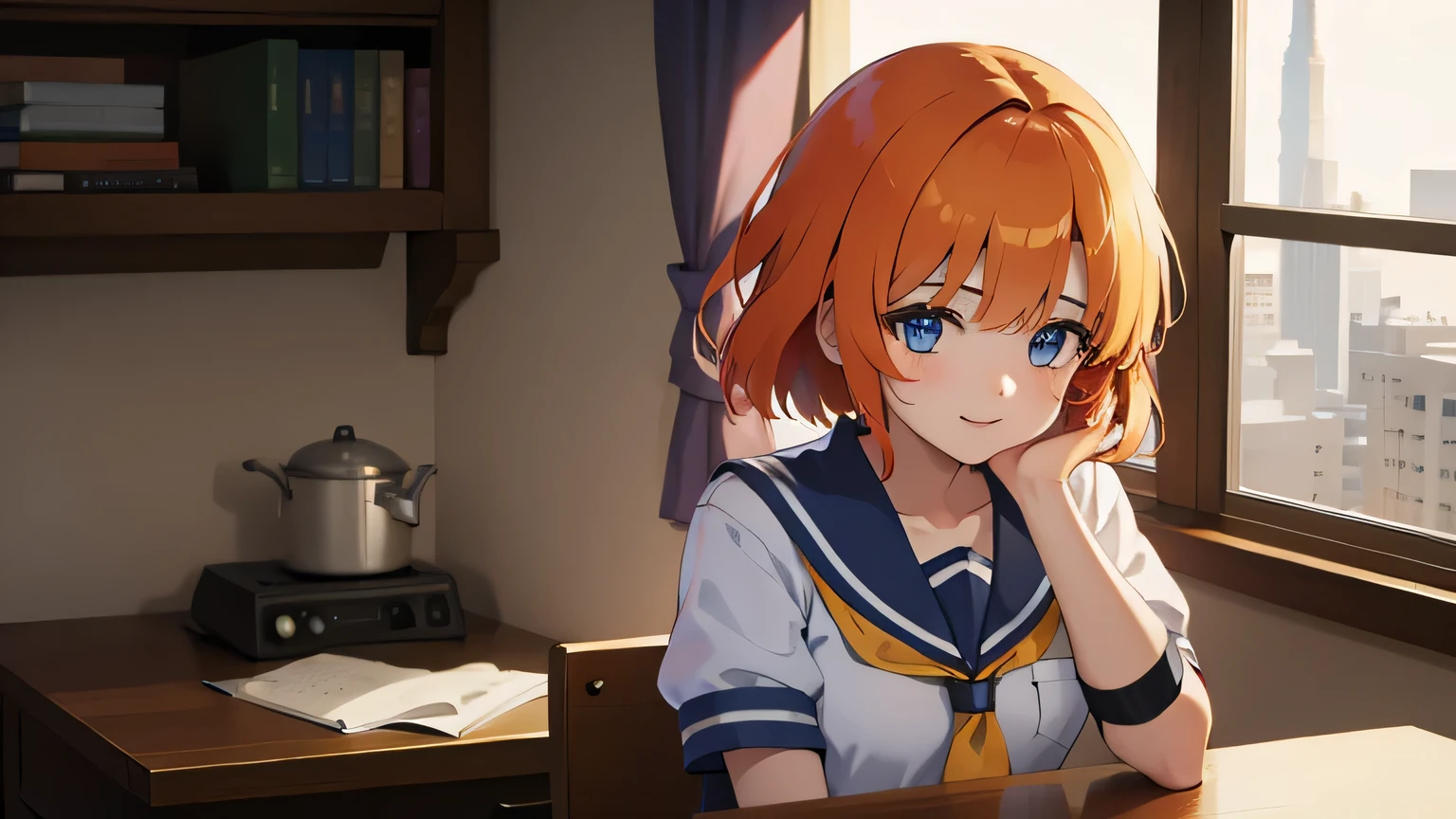 1 girl, Rûuguu horseradish, orange medium hair, Blue eyes, Seraphuku, Yellow tie, Sad