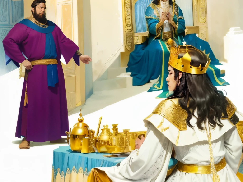 There is a banquet. There's a king standing, saindo por uma porta. There is a woman sitting with a crown on her head. There&#39;s a man standing with a crown on his head. biblical costumes. Biblical setting. biblical style. comic book style.
