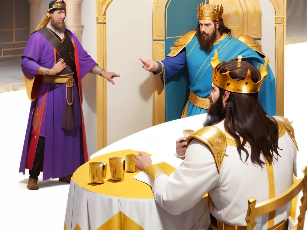There is a banquet. There's a king standing, saindo por uma porta. There is a woman sitting with a crown on her head. There&#39;s a man standing with a crown on his head. biblical costumes. Biblical setting. biblical style. comic book style.