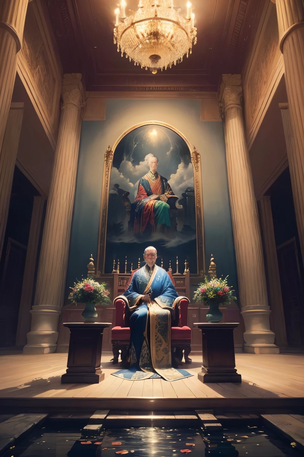 In the real scene, the ancient Chinese palace is located above the clouds, in the main hall of the royal palace, the emperor is sitting on the throne, wearing a luxurious ancient costume with a majestic face. Male craftsmen kneeling in front of the emperor, magnificent, glazed tiles, colorful light, ((splashed ink), ((splashed ink}), masterpiece, high quality, exquisite graphics, high detail: