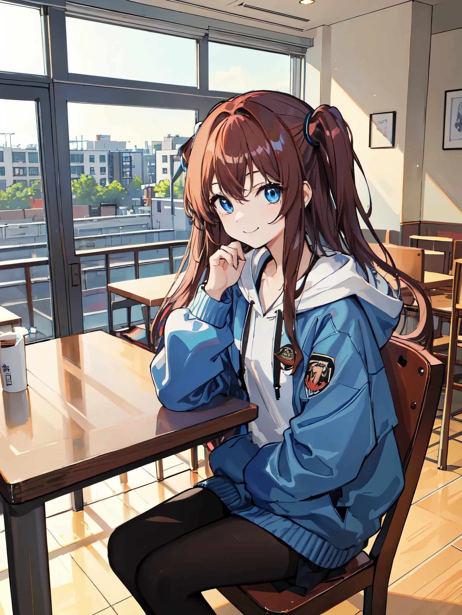 ((masterpiece、high quality、be familiar with、High quality、detailed))、pretty girl、((long chestnut hair、two side up hair))、((blue eyes))、blue long hoodie、black pantyhose、loafers、university student、(short、narrow shoulders)、happy look、smiling、happy feelings、Chatting with multiple faceless girl friends、sitting in chairs facing each other at the table、Inside the bright dining room、University campus、anime art