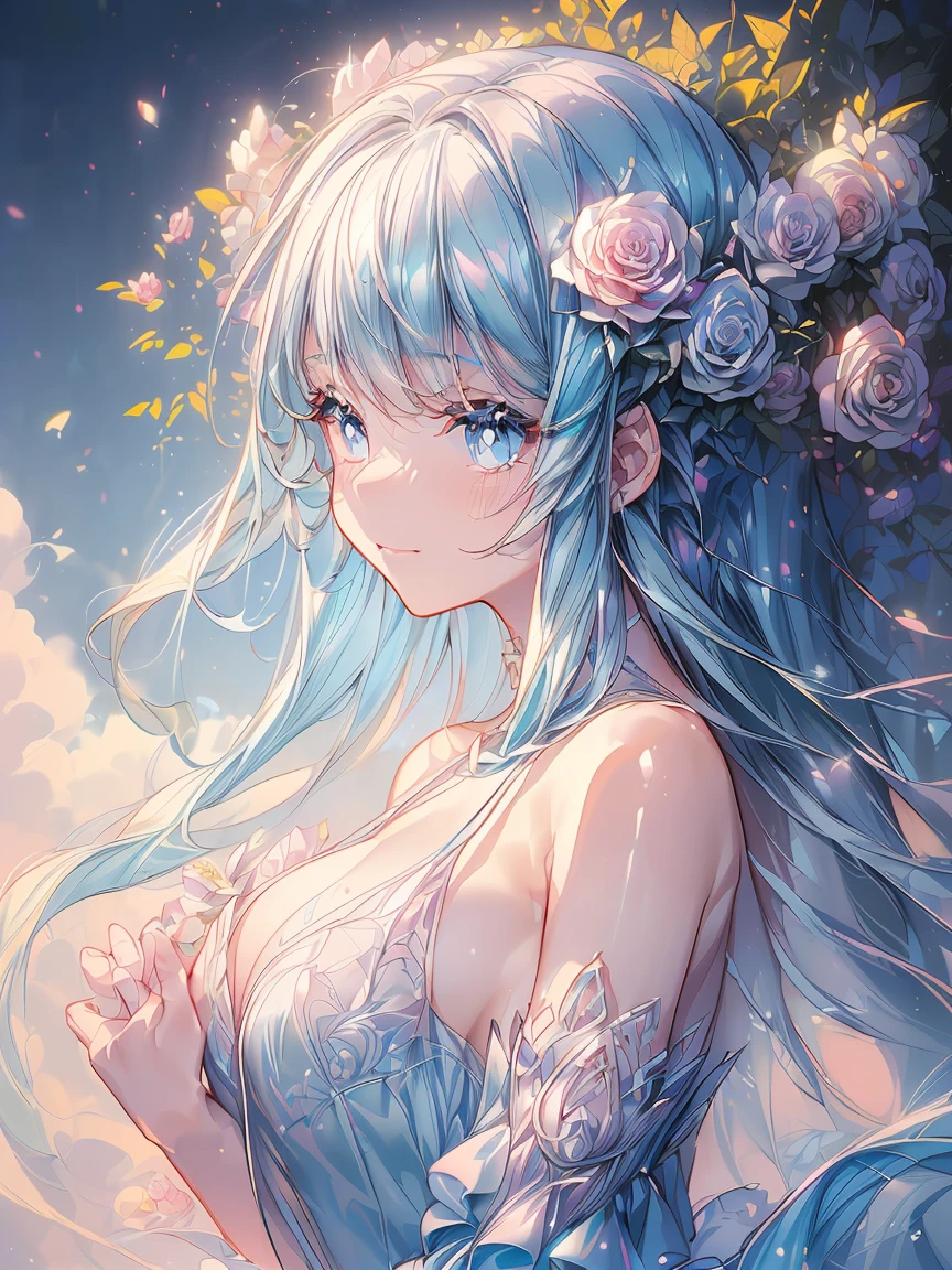 ((masterpiece, best quality, extremely detailed, absurdreasterpiece, best quality, extremely detailed, (illustration, official art:1.1), 1 girl Blunt bangs,(((( light blue long hair)))), ,10 years old, long hair ((blush)) ,flat chest, ,((small breasts)),cute face, big eyes, masterpiece, best quality, young 1girl,,,,(((((a very delicate and beautiful girl))))),,Amazing,beautiful detailed eyeasterpiece, best quality, 1girl, (from side:1.3),breasts, (touch p ussy:1.2), (blush), (nose blush), ((((masterpiece, best quality, high resolution)))), 1girl, wavy hair, blush, light smile, glow, thighs, bare shoulders, collarbone, narrow waist, , (masterpiece),flat chest, (beautiful detailed face,beautiful fairy girl in tiered colorful gradient ballgown dress, (highest quality,masterpiece,16K or 8K,Super detailed,gradient glitter ),(Upper body、front)、A dress decorated with lots of frills and flower decorations、 fairy princess、 giant white fairy wings、 Flowers and colorful plants, beautiful, masterpiece, highest quality、gradient hair, light blue hair, floating hair, wavy hair,fluffy hair、 Hair in the wind, pastel wreath on head,Lavender colored eyes, long eyelashes, beautiful eyes、pointed ears, light smile, bright pupils, ((Sparkling fluffy layered ball gown)), (He closes his eyes and opens his mouth and smiles happily.),((He holds a large bouquet of pastel colored flowers in his hand.))(magic, Whimsical),digital illustration, highest quality,High resolution, romantic academia, romantic atmosphere, fantasy, white background, with a rose, with a tree, in the field of flowers, in the rose garden, happy, laughing,