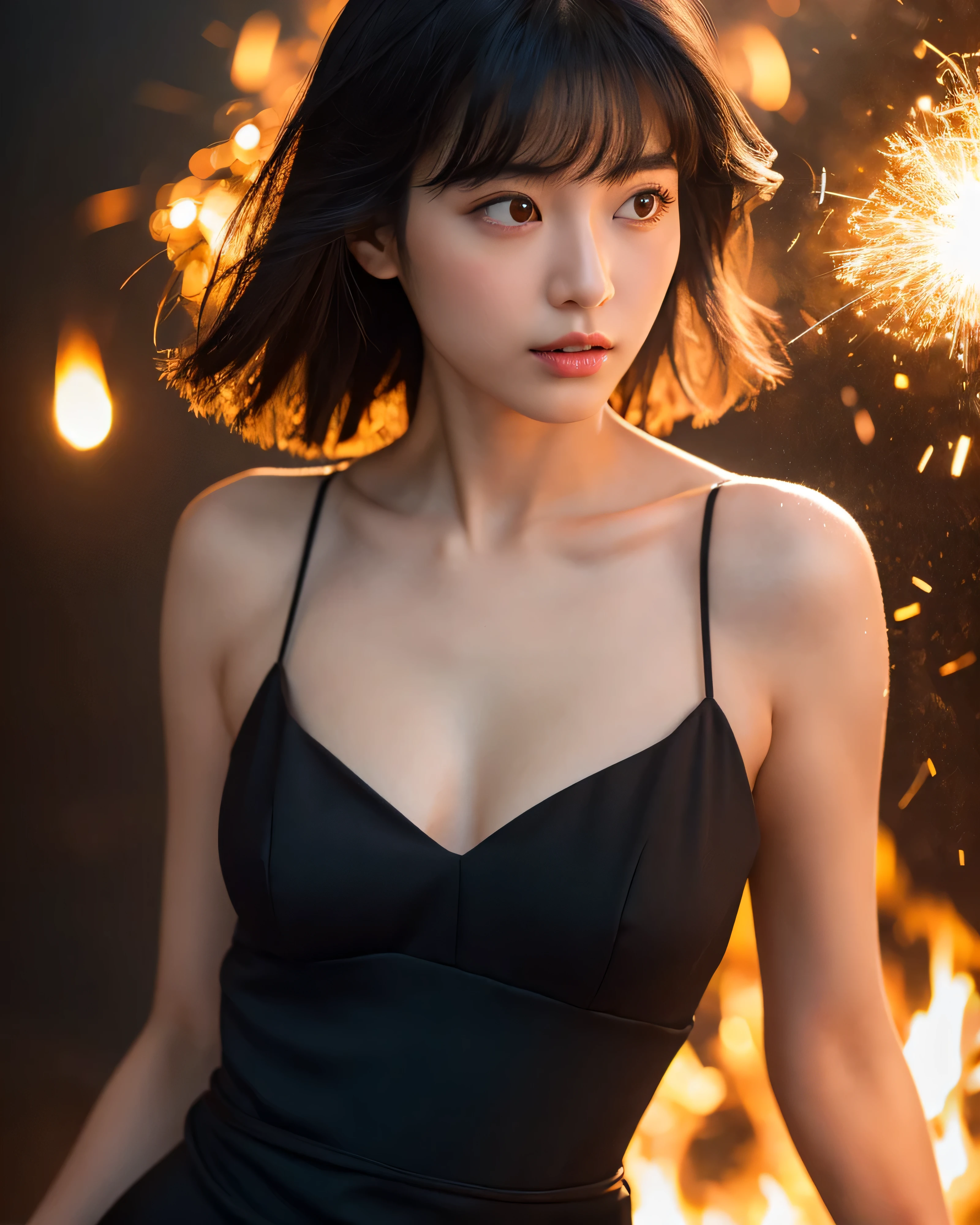 highest quality, 8k, High resolution, masterpiece:1.5, ), landscape, whole body, beautiful japanese woman, 19 years old, Lustrous beautiful black hair, long straight hair, asymmetrical bangs, big magic eyes, High resolutionの美しい瞳, smooth soft skin, pale pink lips, A fleeting expression, black dress, perfect collarbone, soft big breasts, High resolutionの美しい胸元, High resolutionの美しい太もも, flame background, colorful sparks flying, professional lighting, professional photographer