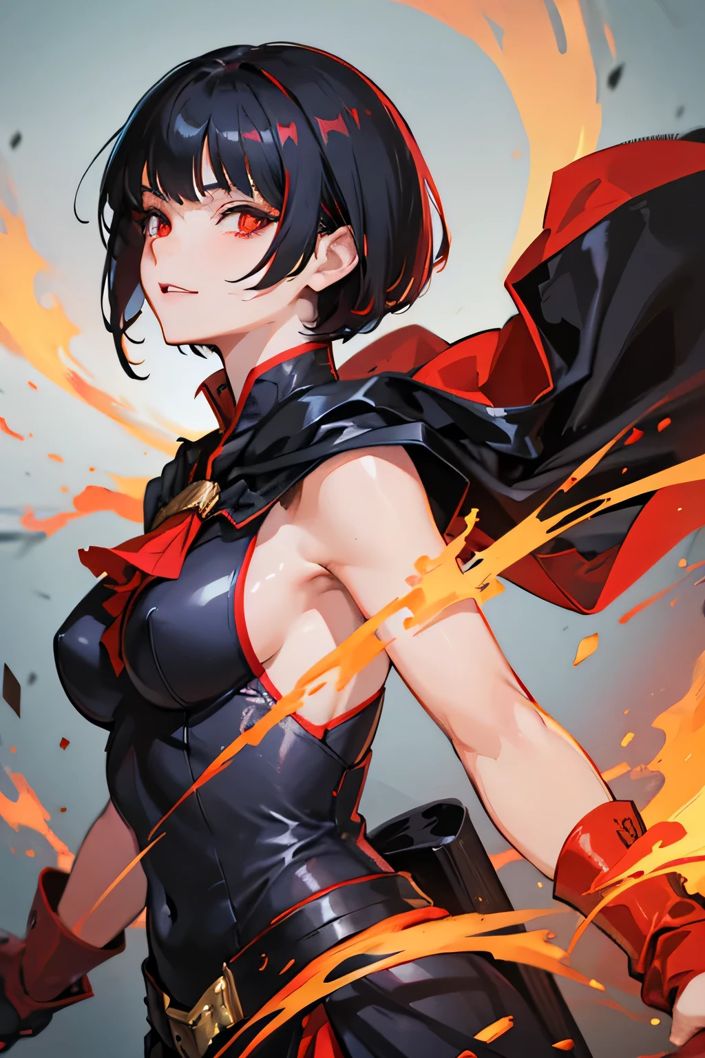 Anime girl, Black Hair, Short Hair, Red Eyes, Holding Red Sword, Psycho Smile, Red Cape, Adventurer Cloth, Night, Realistic Light, Best Quality, 8K