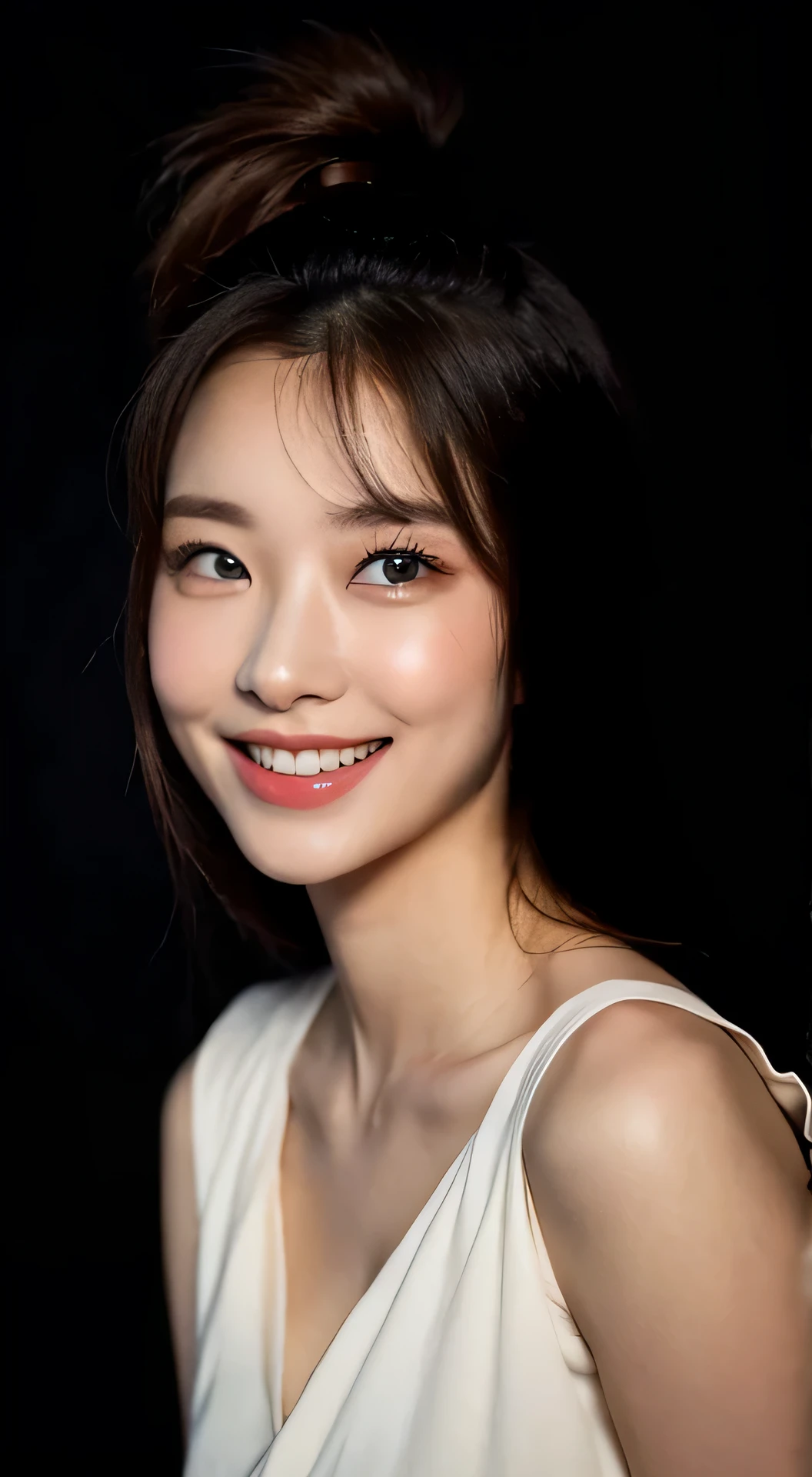 The face of a young woman with bright blue eyes and a bright smile. Her face is reminiscent of TWICE's Sana, with soft features and smooth skin. Her eyebrows are naturally shaped, her nose is delicate, and her lips are soft and full, portraying friendliness and gentleness. This face radiates positive energy and charm, while at the same time retaining its uniqueness and individuality.