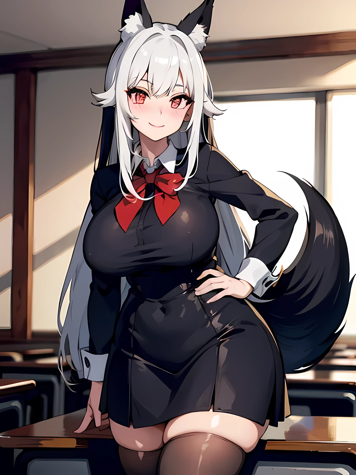 1 girl, long black hair, fox ears, only fox ears, crimson eyes, extremly detailed, blushing, huge breasts, sexy and seductive, wearing school uniform, skirt, classroom, tall women, long flufy nine fox tails, thicc thighs, wide hips, smile, horny, absurdes, high res, ultra sharp, 8k, masterpiece, looking at viewer