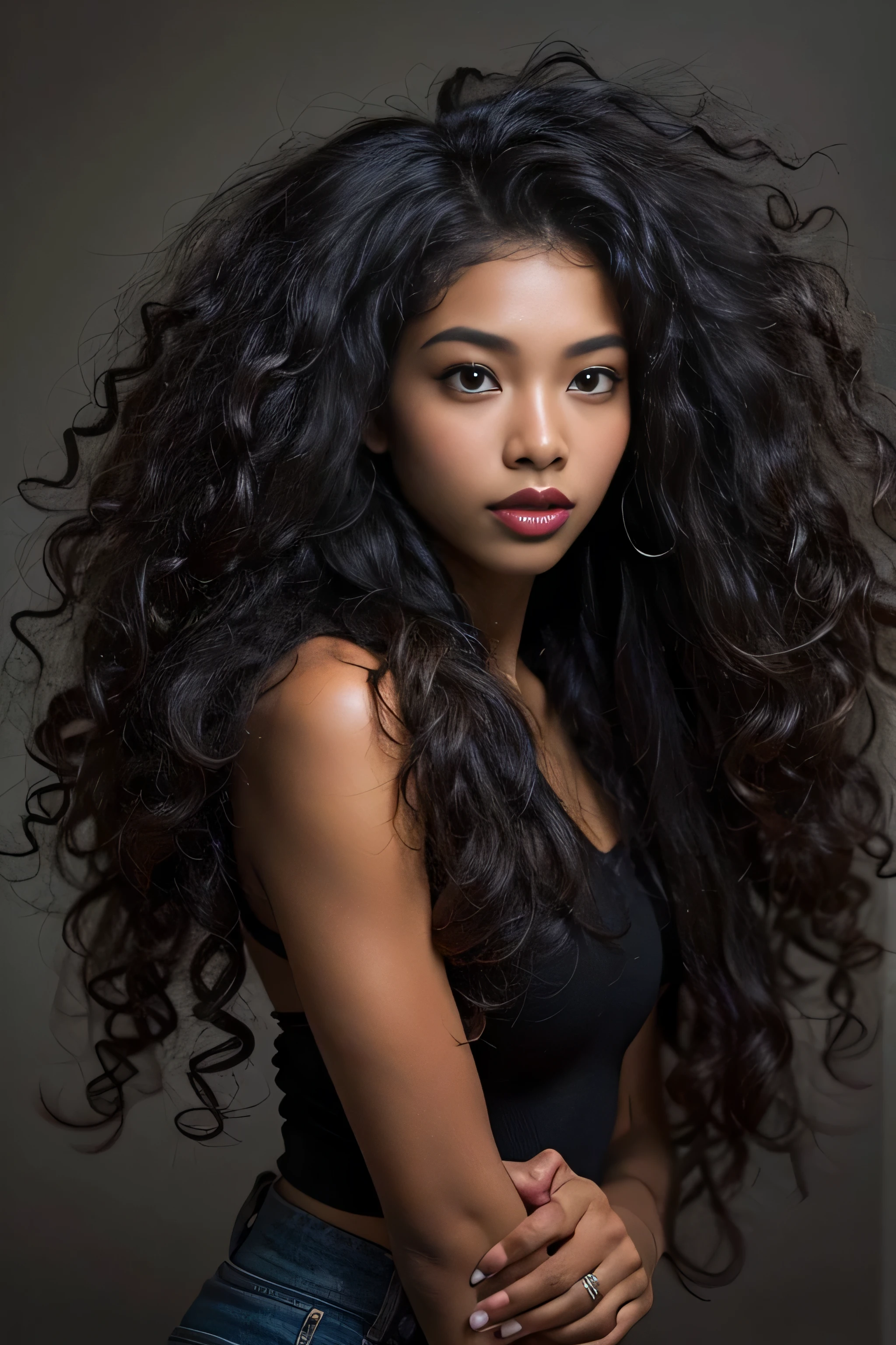 masterpiece, best quality, beautiful African and Asian mixed 19 year old, ebony skin female, long, frizzy, curly dark hair, perfect face, half body, long hair, melanin
