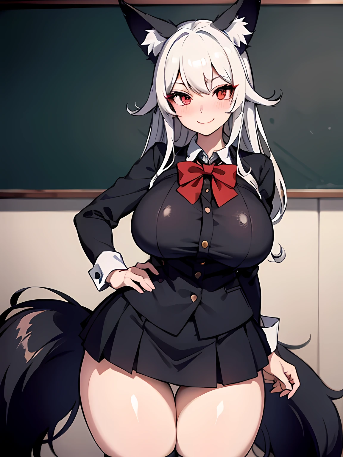 1 girl, long black hair, fox ears, only fox ears, crimson eyes, extremly detailed, blushing, huge breasts, sexy and seductive, wearing school uniform, skirt, classroom, tall women, long flufy nine fox tails, thicc thighs, wide hips, smile, horny, absurdes, high res, ultra sharp, 8k, masterpiece, looking at viewer