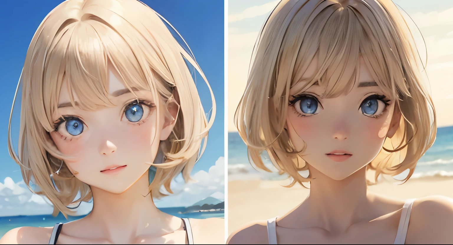 (masterpiece:1.2), (highest quality:1.2),, Curvy but slender body, perfect eyes, perfect face, perfect lighting, 2 girls, ,on the beach,(standing position),(white one piece swimsuit),(whole bodyのフルショット),(short hair),(smile),curly hair, fine clothes, detailed outdoor background, compensate, eye shadow, thick eyelashes, fantasy, looking at the viewer, whole body、blue sky、bright and beautiful face、young shiny glossy white shiny skin、the best beauty、the most beautiful bright blonde hair in the world、thin hair、short hair、Shining beautiful bangs、big shining blue eyes、very beautiful and nice 18 years old, the most beautiful girl in the world、small breasts