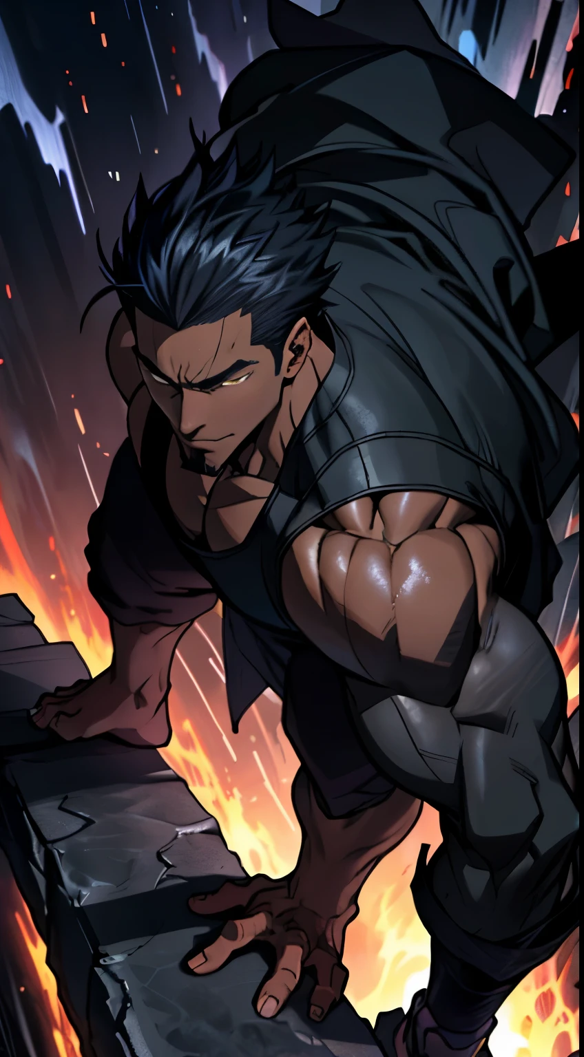 In the depths of the shadowy abyss, the whole body of the African boy stands out in anime style, radiating raw strength and agility with every fiber of his being. His muscular form is accentuated by the contrast of the dark environment, and his sharp nails glisten ominously. Draped over his broad shoulders is an African tank top jacket, its vibrant colors stark against the darkness, while black pants hang loosely from his lean hips.
A soft, gentle expression graces his features, the stark contrast between his powerful physique and expression making him all the more captivating. Several intricate, geometric marks adorn his toned arms, adding a mystical touch to his
