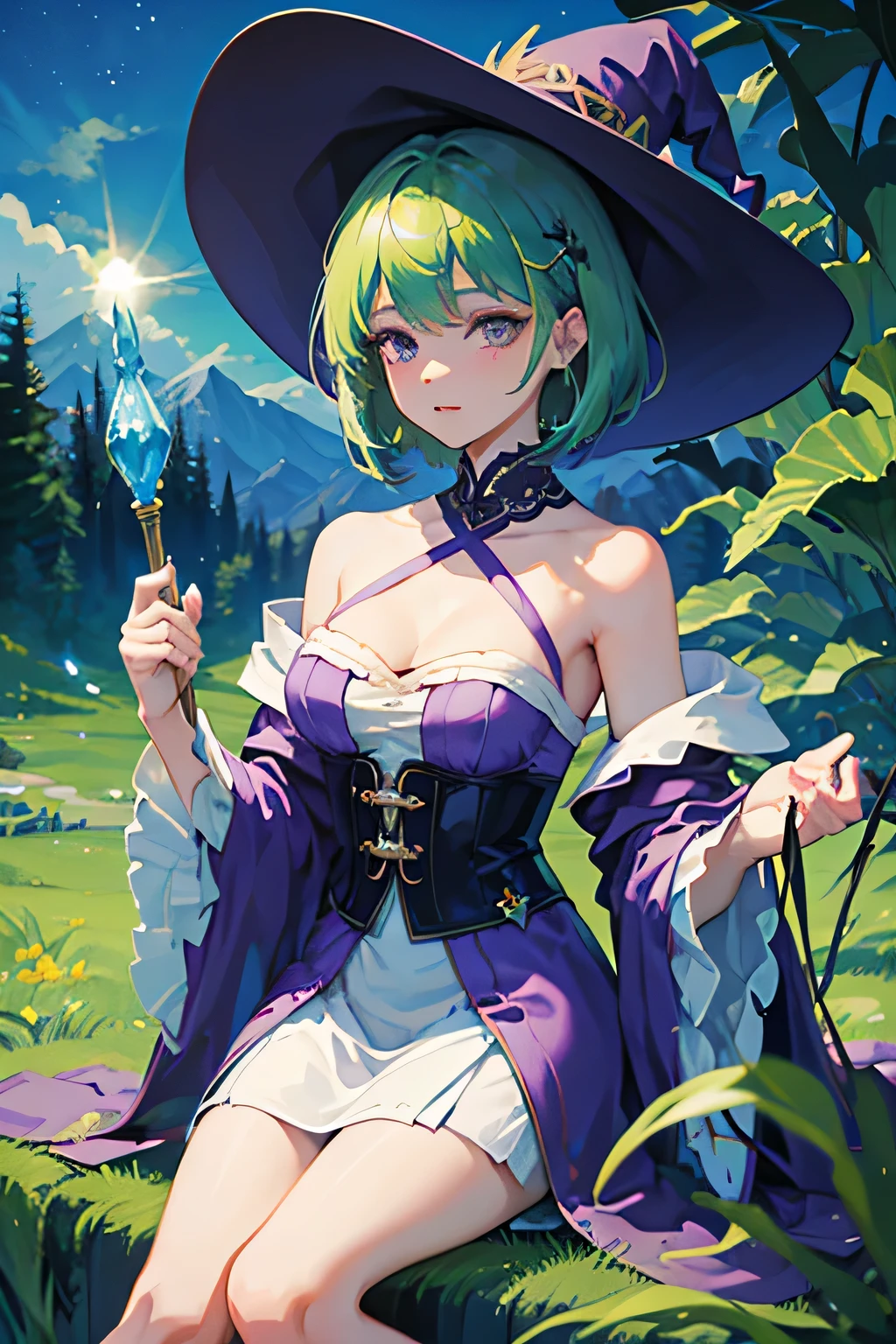 Beautiful girl, green blue hair, short hair, witch cloth, witch hat, purple eyes, holding magic staff, meadow, night, Moonlight, best quality, 8k